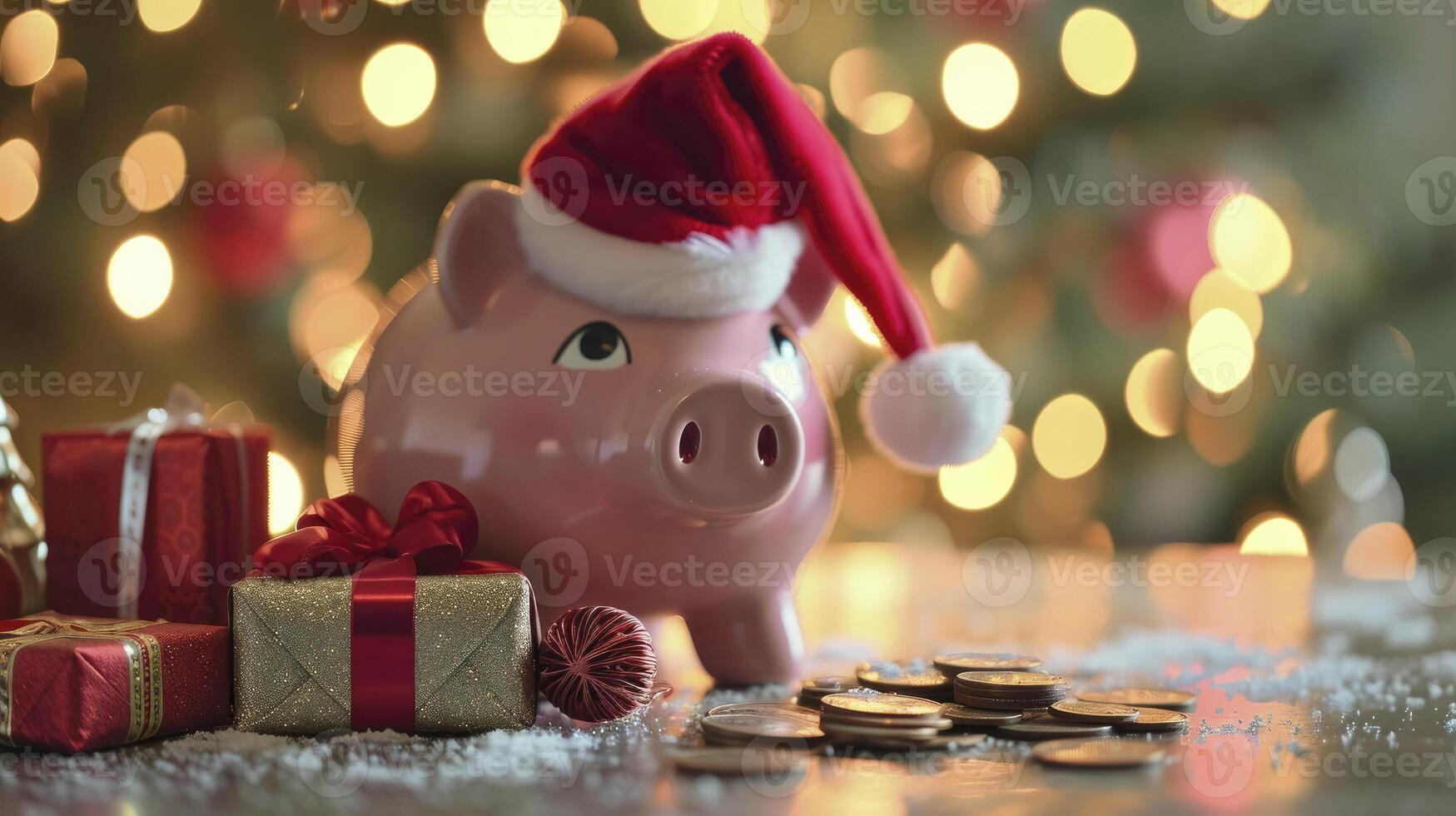 ai generato festivo porcellino banca con Santa cappello e regalo monete celebrazione foto