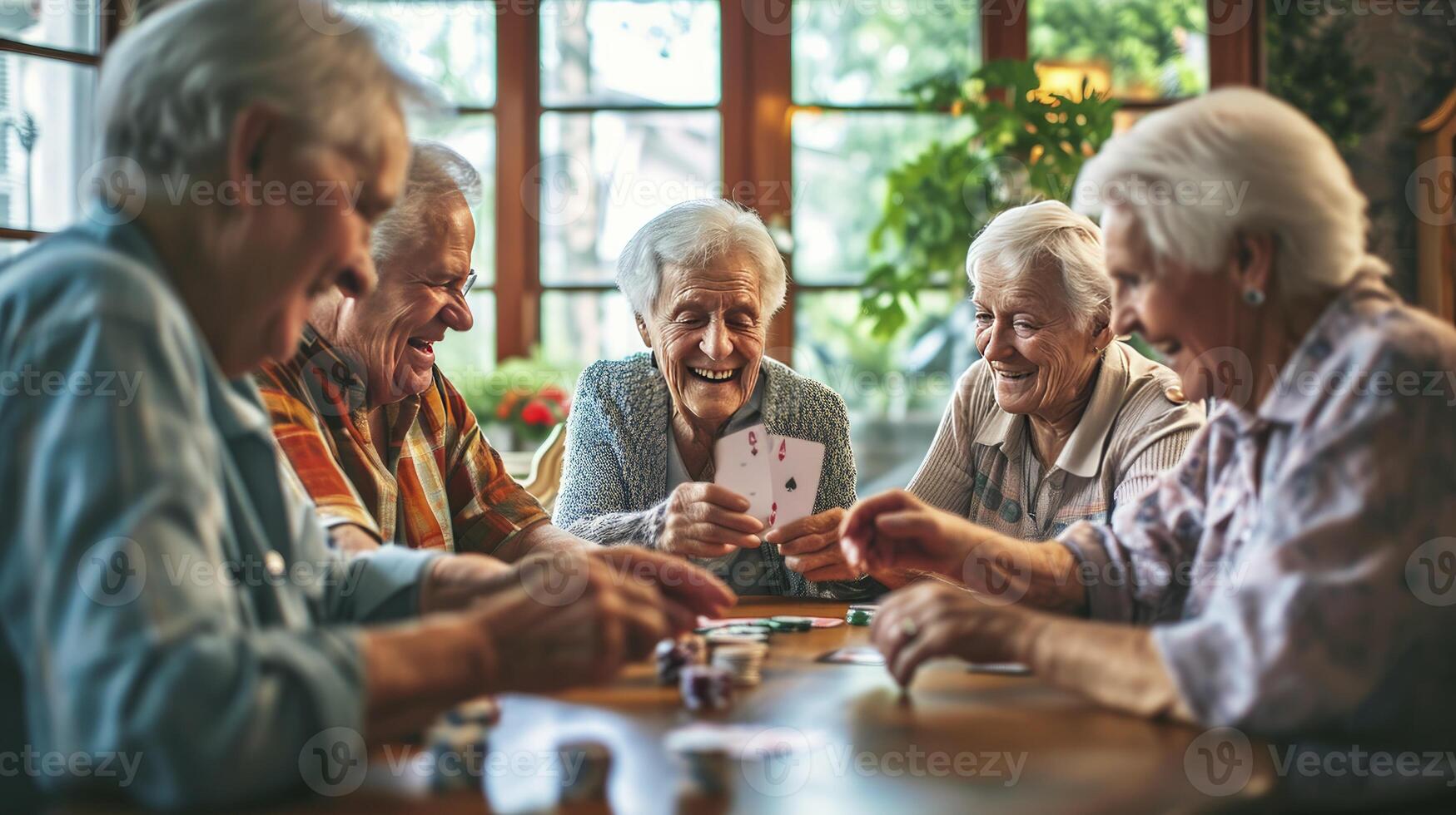 ai generato contento gioioso gruppo di gli anziani giocando carte foto