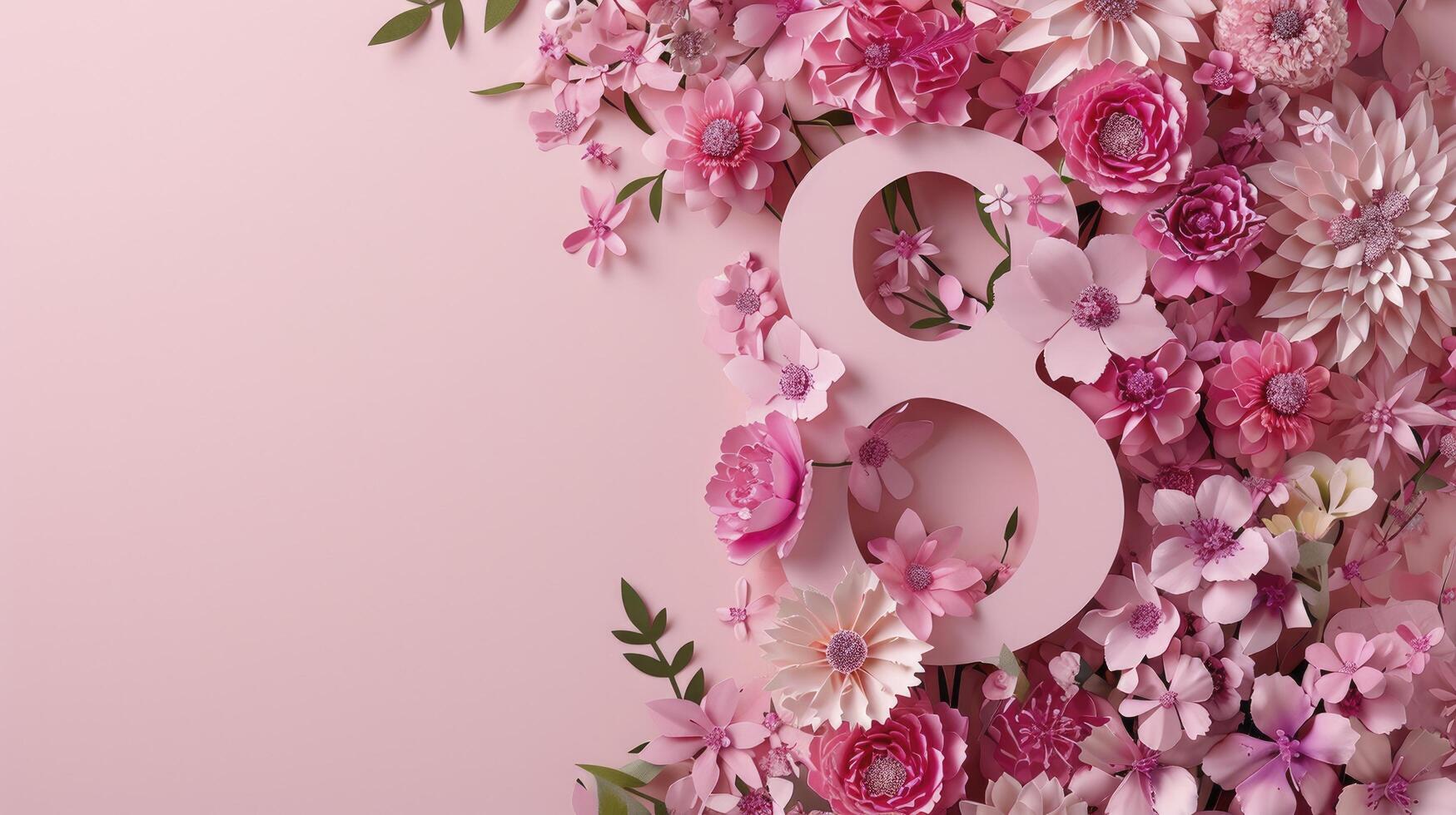 ai generato numero 8 nel un' rosa floreale design. premio carta tagliare bandiera con fiori e copia-spazio, per celebrare internazionale donna giorno foto