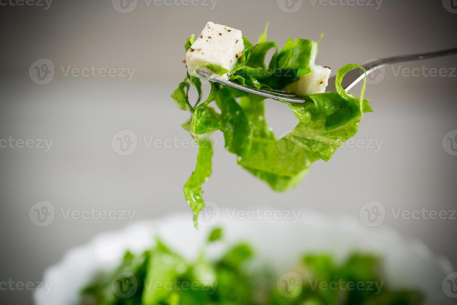 fresco verde lattuga insalata con Mozzarella e erbe aromatiche su un' forchetta foto