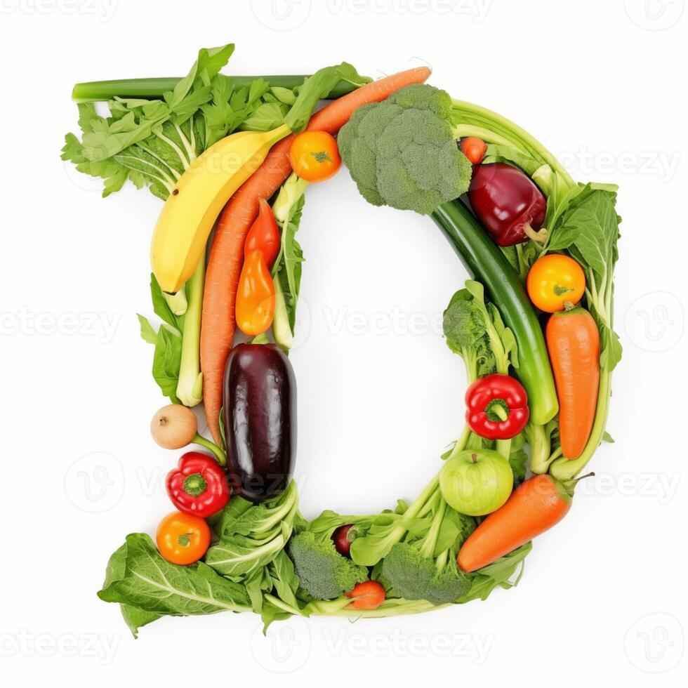 ai generato d lettera su di verdure e frutta isolato su bianca sfondo. foto
