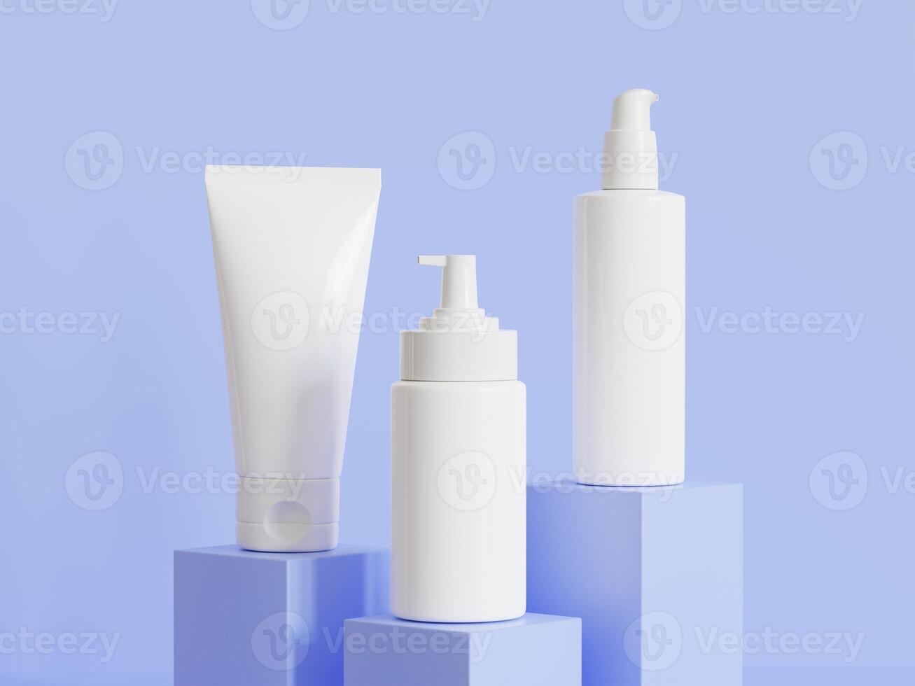 realistico cosmetico bottiglia. bellezza Prodotto contenitore impostare, plastica bottiglia illustrazione vuoto. spray bottiglia, crema tubo e vaso modello collezione su il podio 3d. chiaro terme igiene oggetto foto