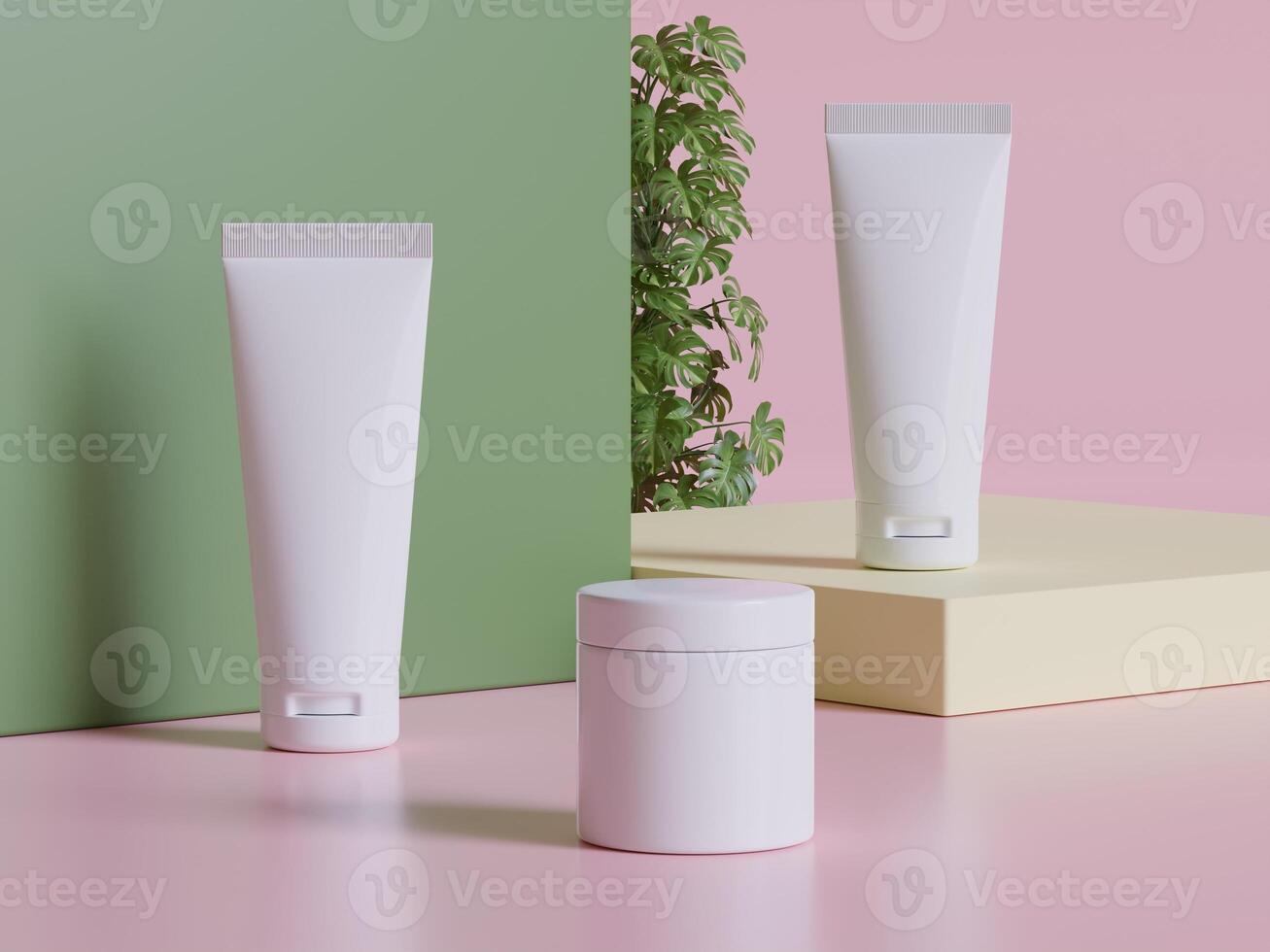 realistico cosmetico confezione, bellezza Prodotto contenitore impostare, plastica bottiglia illustrazione vuoto. spray bottiglia, crema tubo e vaso modello collezione su il podio 3d. chiaro terme igiene oggetto foto