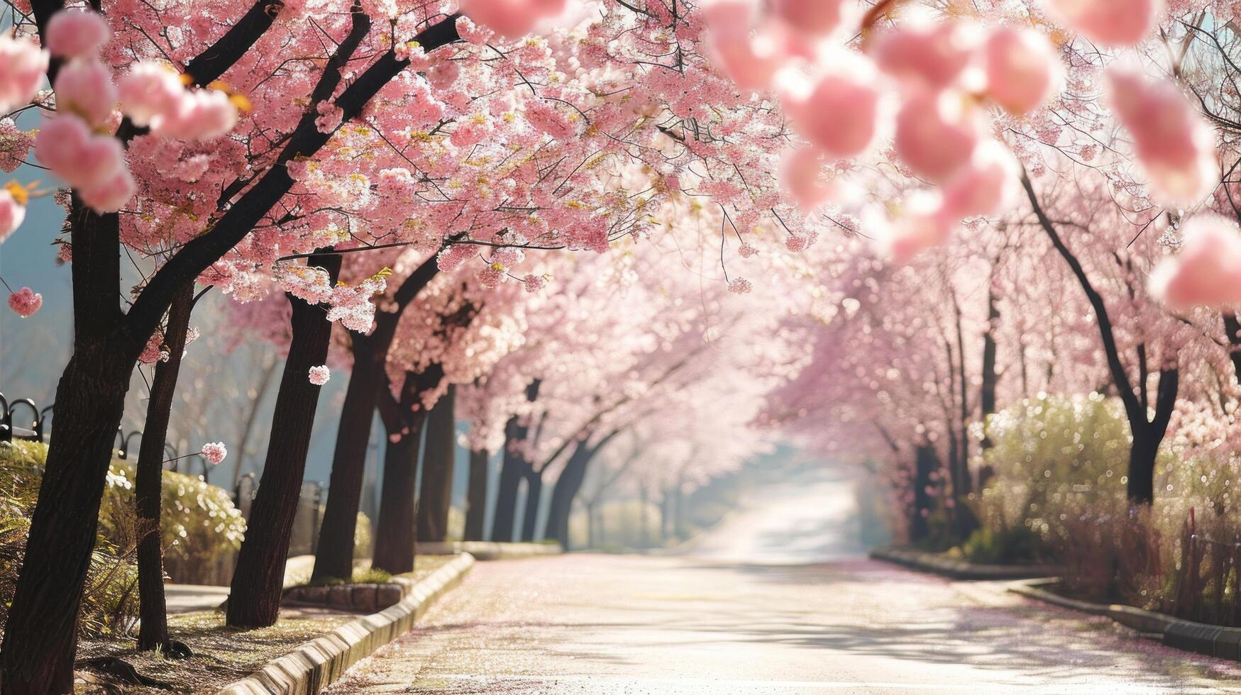 ai generato tranquillo, calmo passeggiare sotto un' baldacchino di fioritura ciliegia fiori foto
