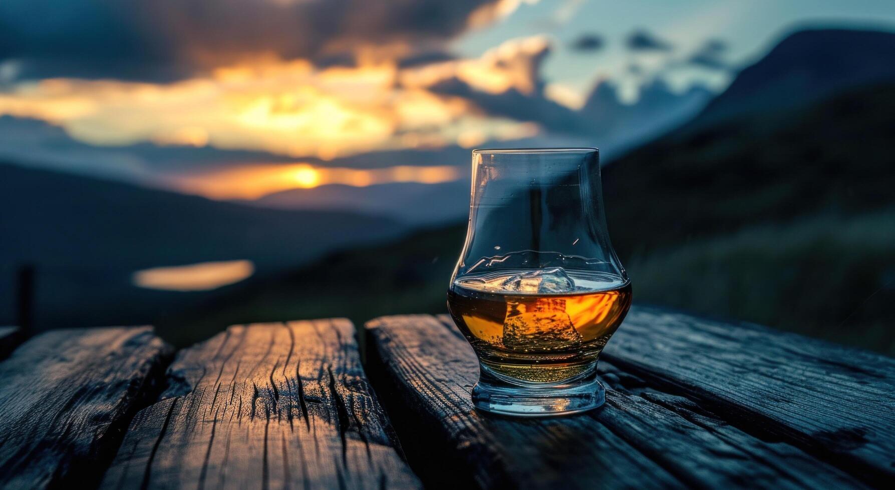 ai generato un' bicchiere di scotch whisky seduta su un' di legno tavolo con alcuni montagne nel il sfondo foto