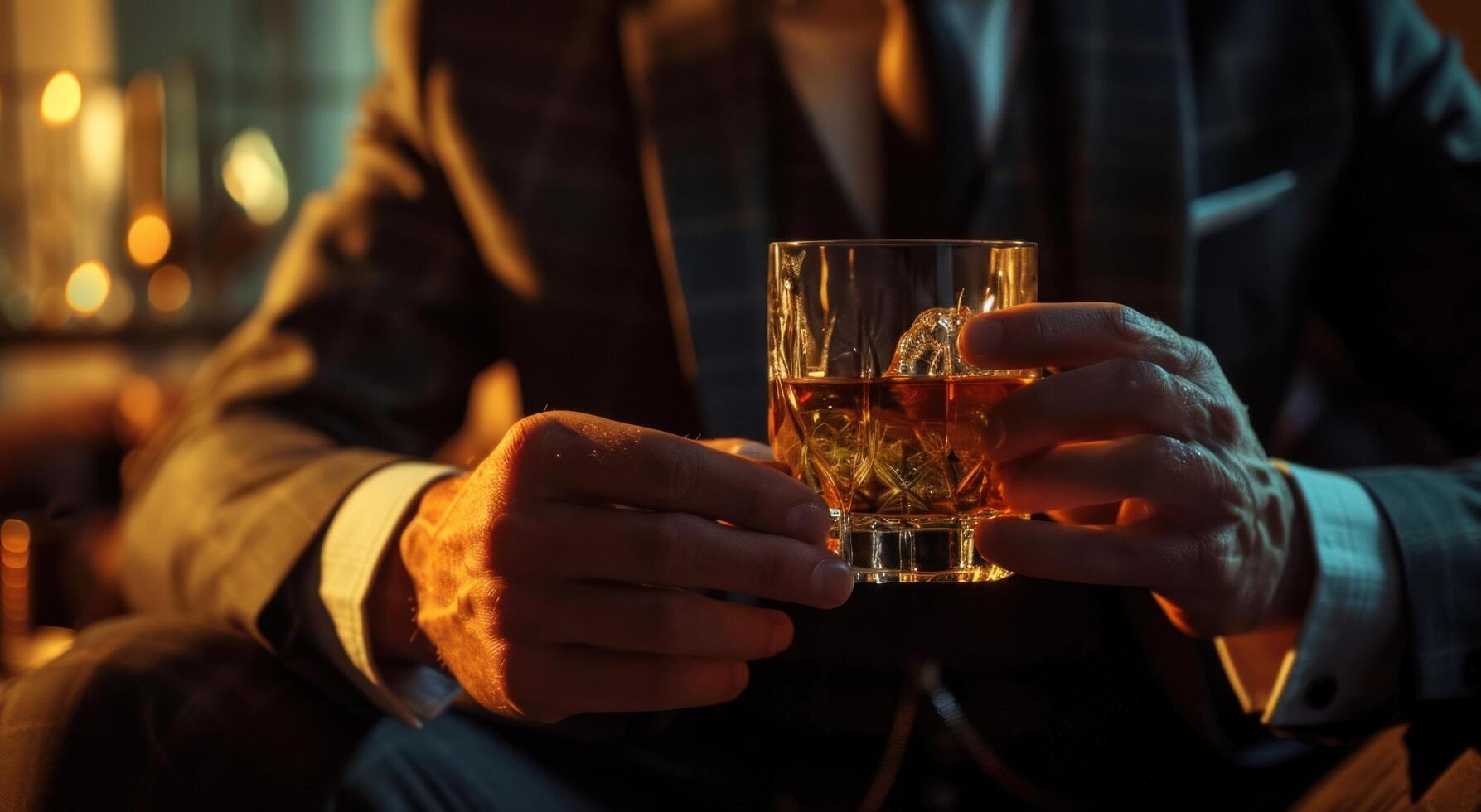 ai generato un' uomo vestito nel un' acuto tute detiene un' bicchiere di whisky foto