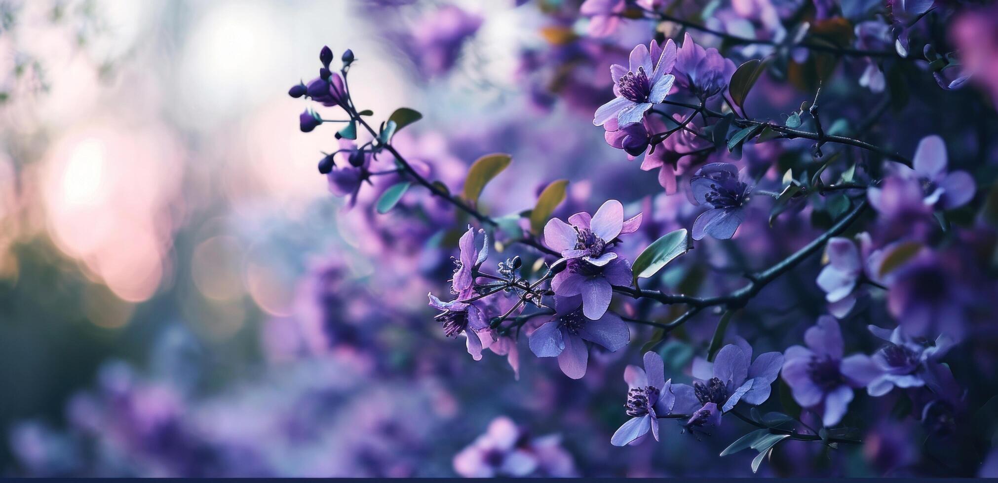 ai generato un' immagine di viola fiori con un' sfocato sfondo e albero branche foto