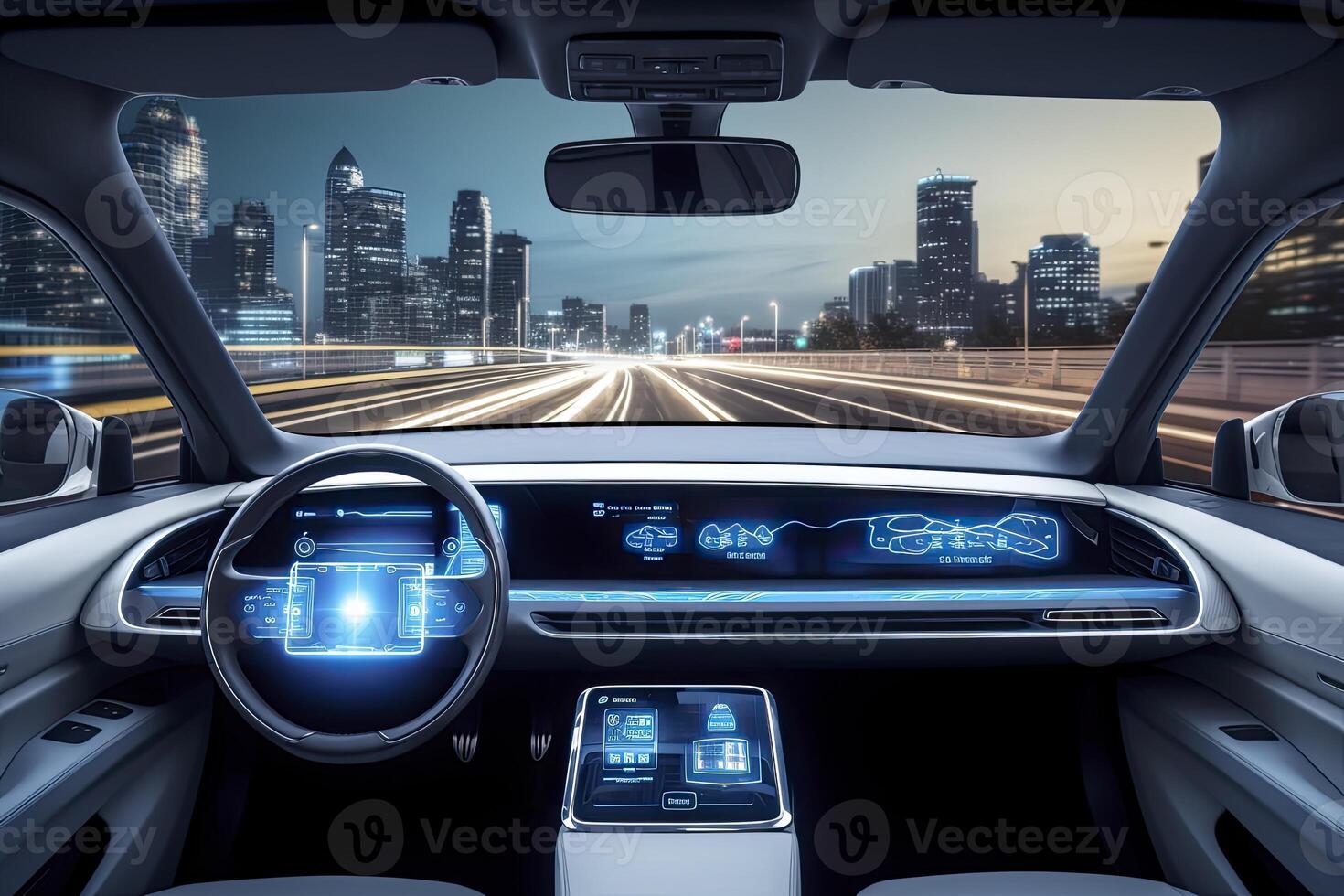 ai generato moderno inteligente auto tecnologia intelligente sistema utilizzando teste su Schermo hud autonomo se stesso guida modalità veicolo su città strada con grafico sensore radar segnale sistema intelligente macchina. foto