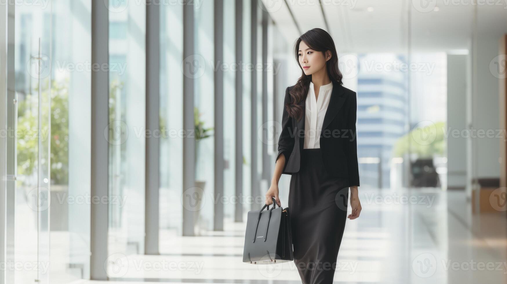 ai generato asiatico donna d'affari a piedi al di fuori ufficio edificio con borsetta foto