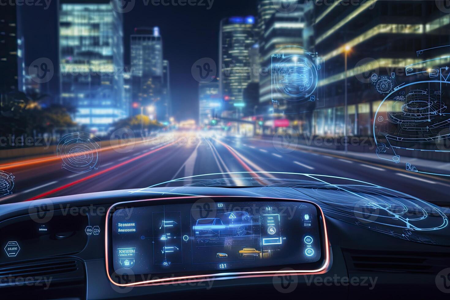 ai generato moderno inteligente auto tecnologia intelligente sistema utilizzando teste su Schermo hud autonomo se stesso guida modalità veicolo su città strada con grafico sensore radar segnale sistema intelligente macchina. foto