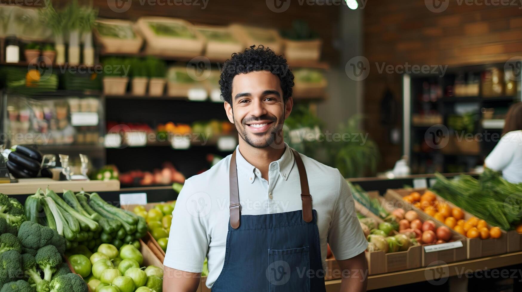 ai generato drogheria memorizzare lavoratore sorridente nel davanti di produrre sezione - ai generato foto