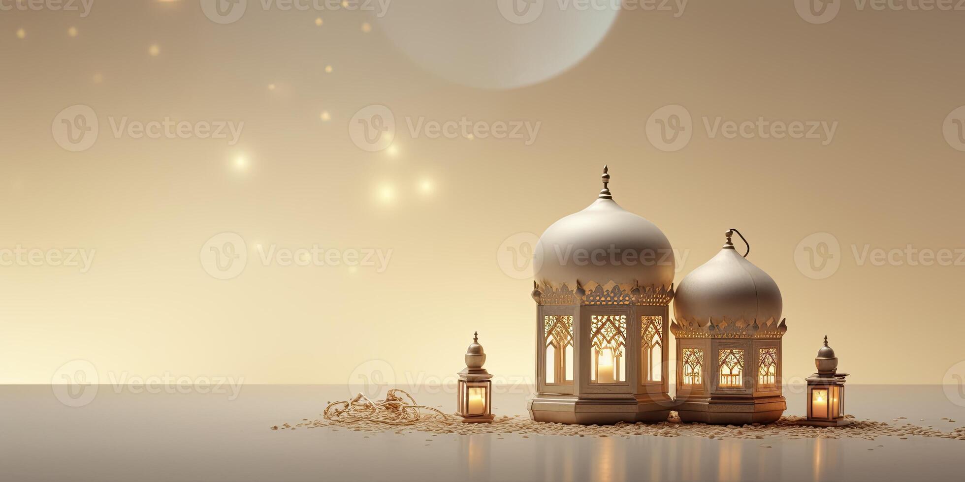 ai generato celebrazione di islamico eid mubarak e eid al adha lanterna nel un' leggero sfondo. ai generato foto