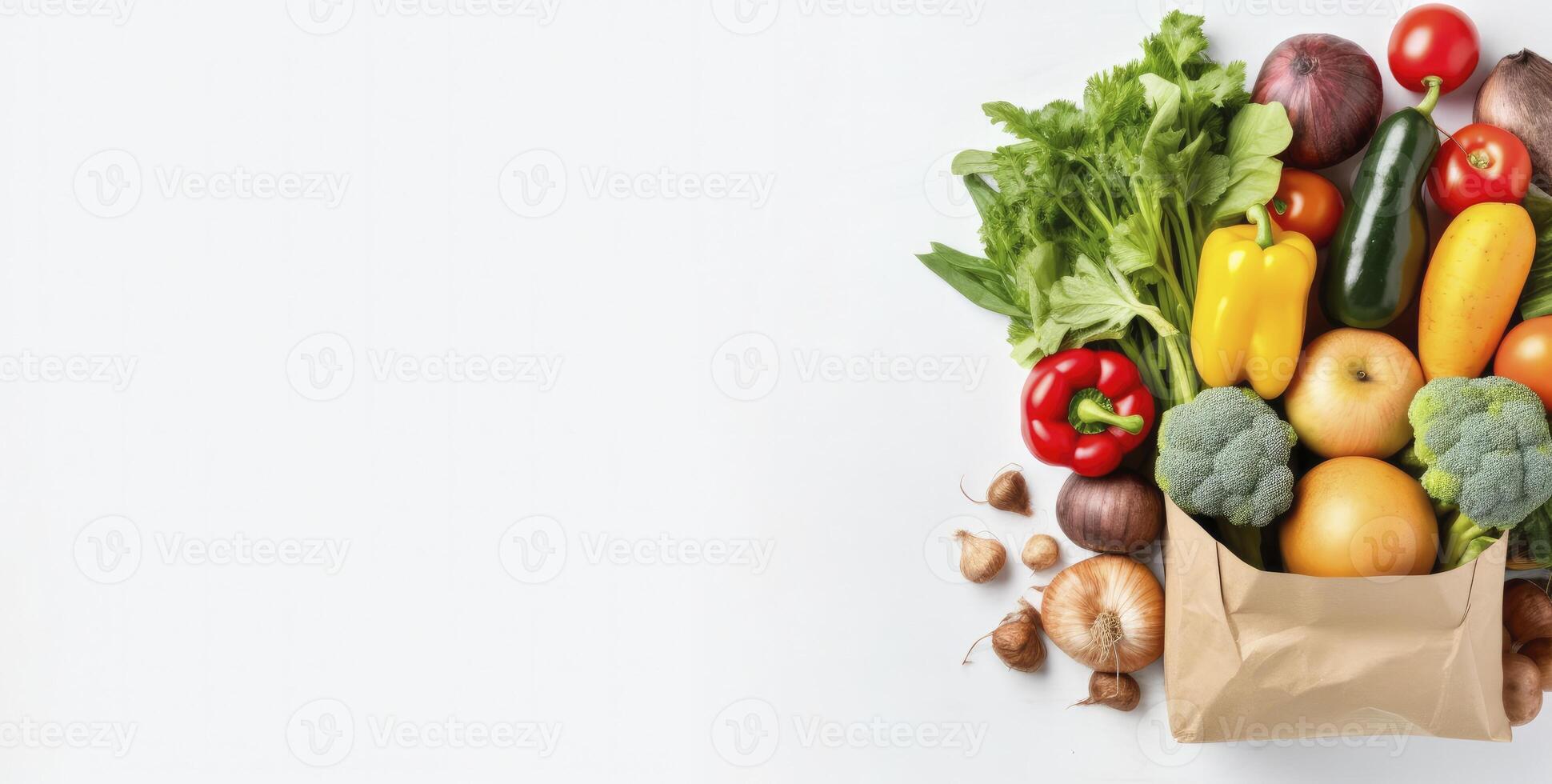 ai generato salutare cibo nel carta Borsa verdure e frutta su bianca sfondo. ai generato foto