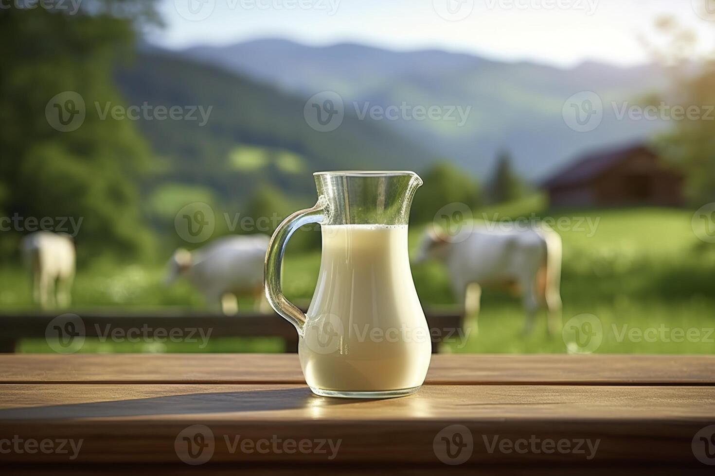 ai generato bicchiere brocca con fresco latte su un' di legno tavolo. ai generato foto