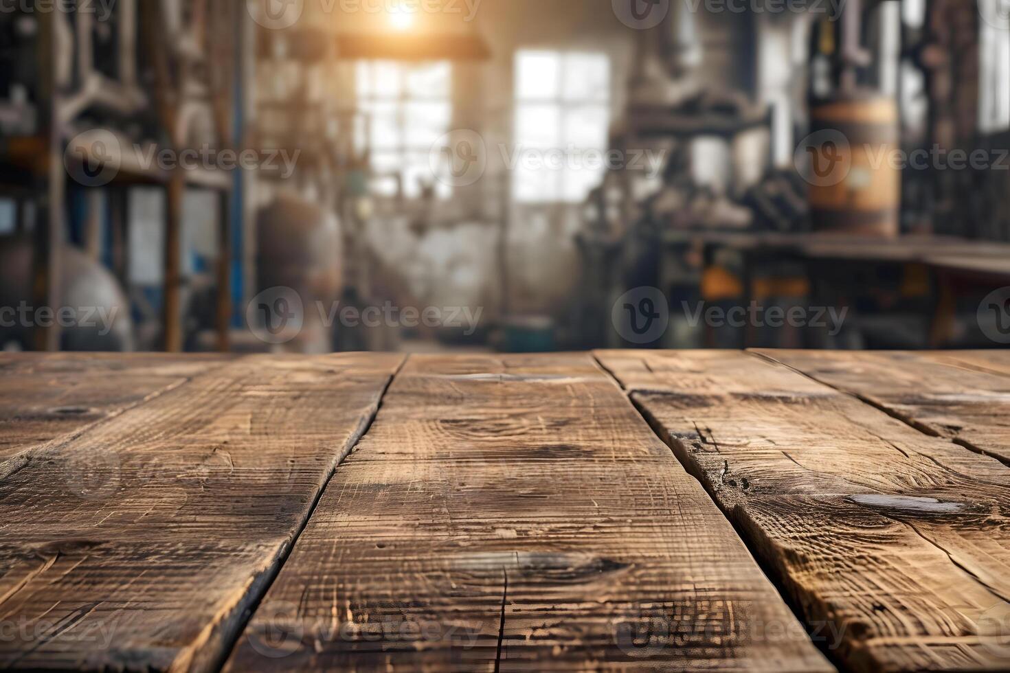 ai generato primo piano di legno tavolo, sfocato fabbrica edificio sfondo foto