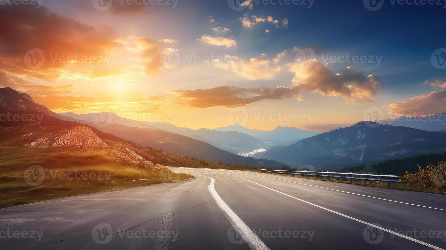 ai generato autostrada strada nel il montagne e tramonti foto