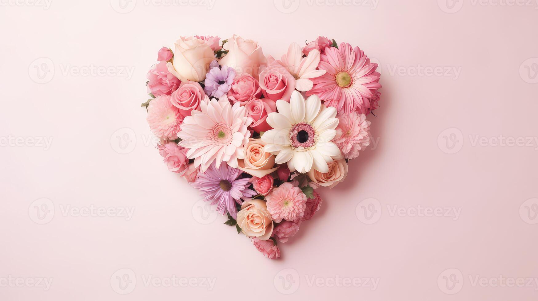 ai generato cuore forma fatto di rosa e bianca fiori su pastello rosa sfondo, internazionale donna di giorno foto