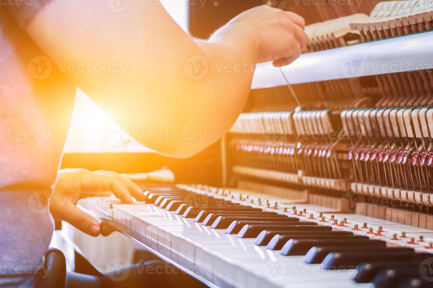 morbido messa a fuoco e sfocatura, il pianista è fissaggio e regolazione il suono di il pianoforte correttamente e precisamente così quello il pratica e prestazione di il pianoforte volontà essere melodioso e senza glitch. foto