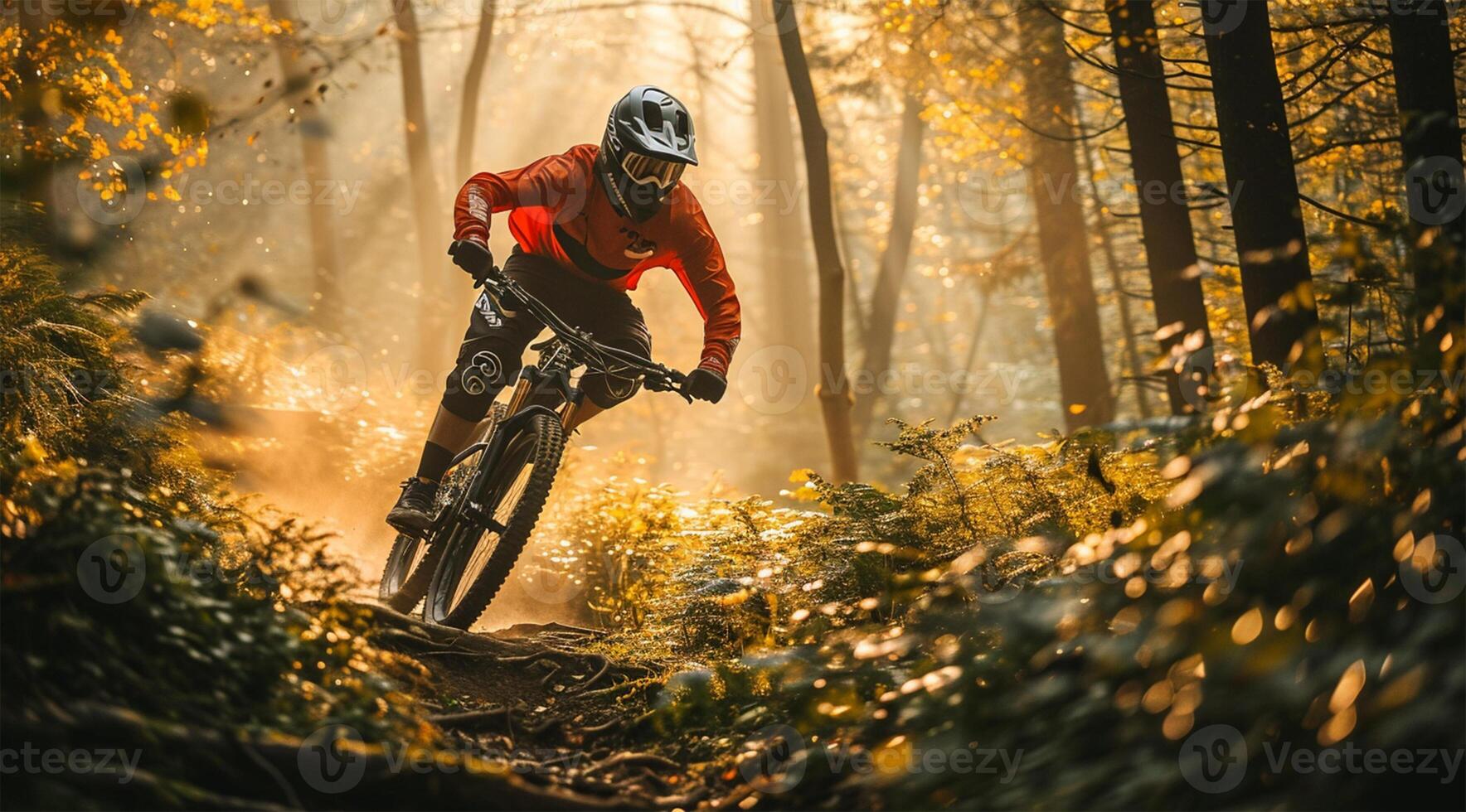 ai generato ciclista equitazione il bicicletta su il pista nel il bellissimo autunno foresta. estremo sport concetto. foto