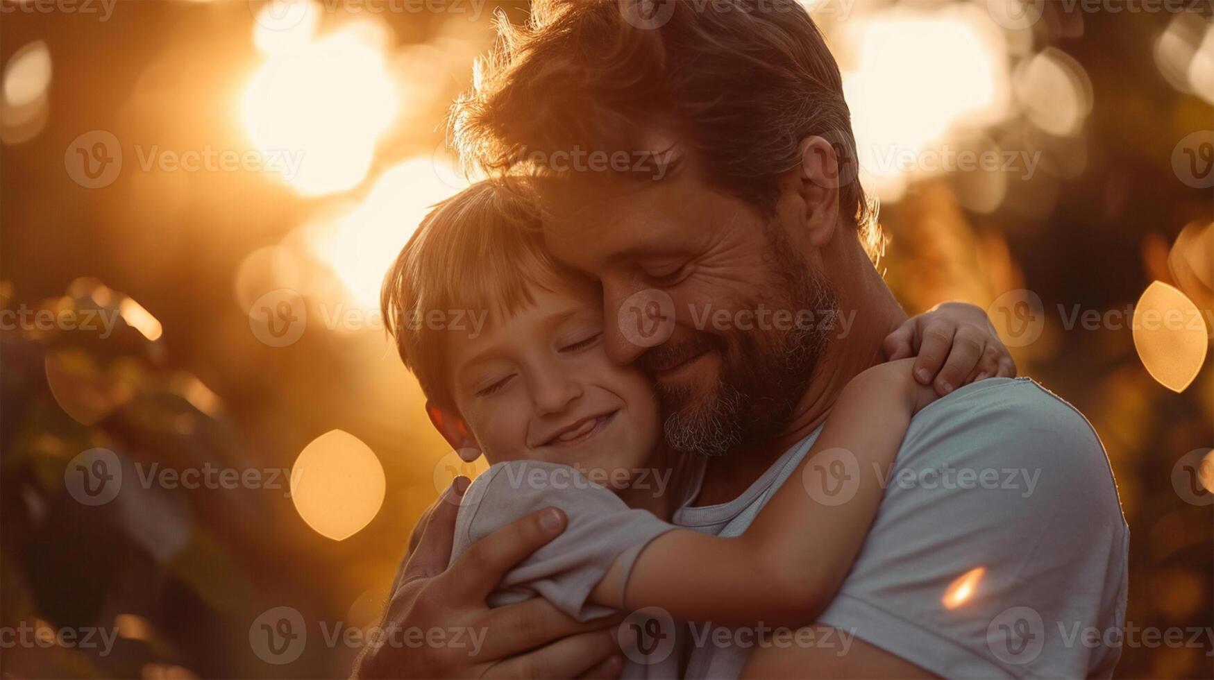 ai generato padre e figlio abbracciare nel il parco a tramonto. contento famiglia. foto
