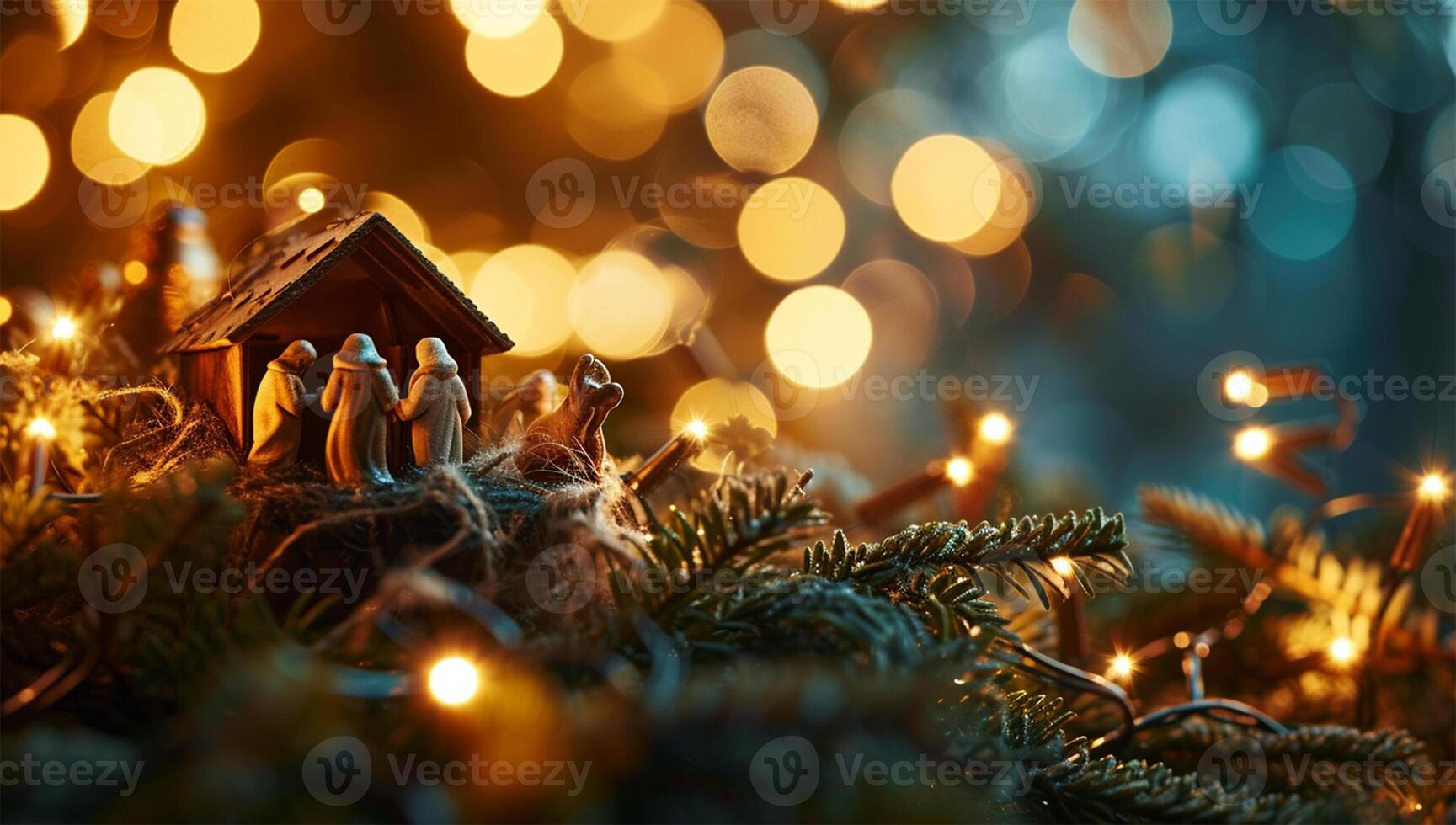ai generato Natale Natività scena con santo famiglia e Natale albero su sfondo foto