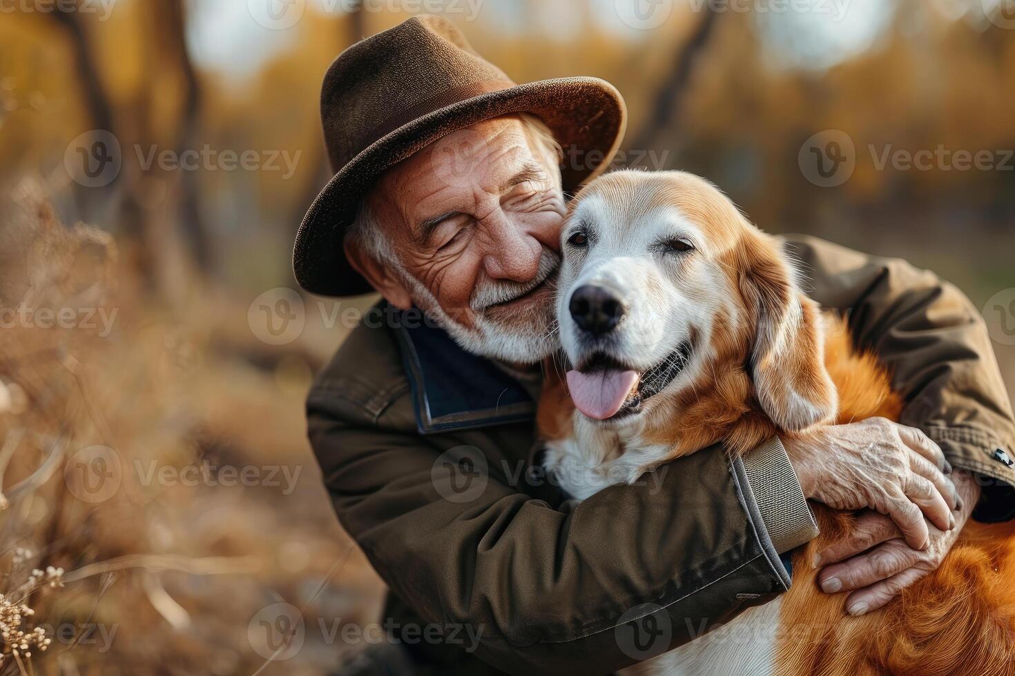 ai generato un' ritratto di un' contento anziano più vecchio con un' cane, il anziano con animale domestico foto