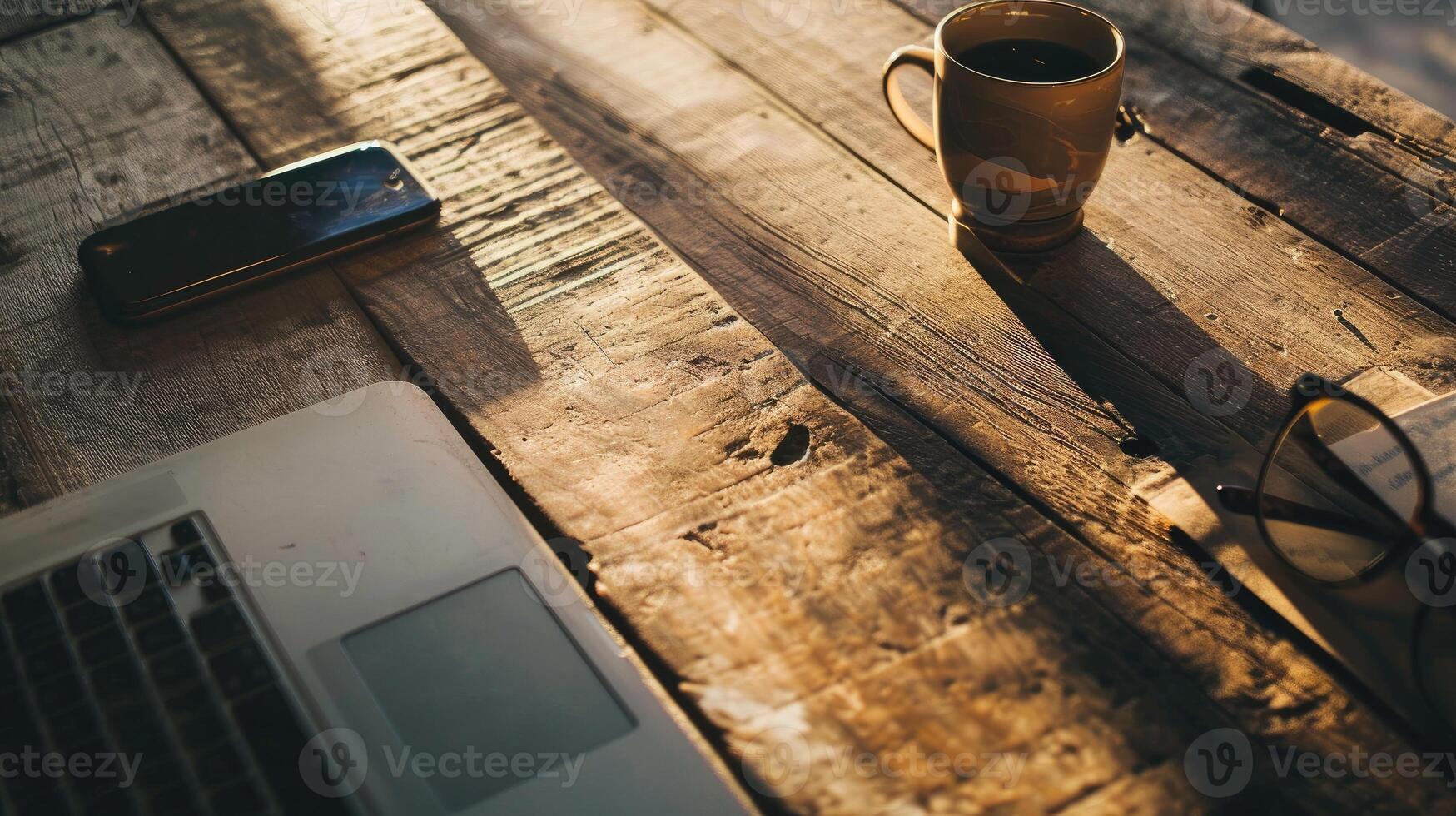 ai generato Vintage ▾ Lavorando scrivania con caffè, caffè rompere e rilassare dopo opera, Vintage ▾ stile foto