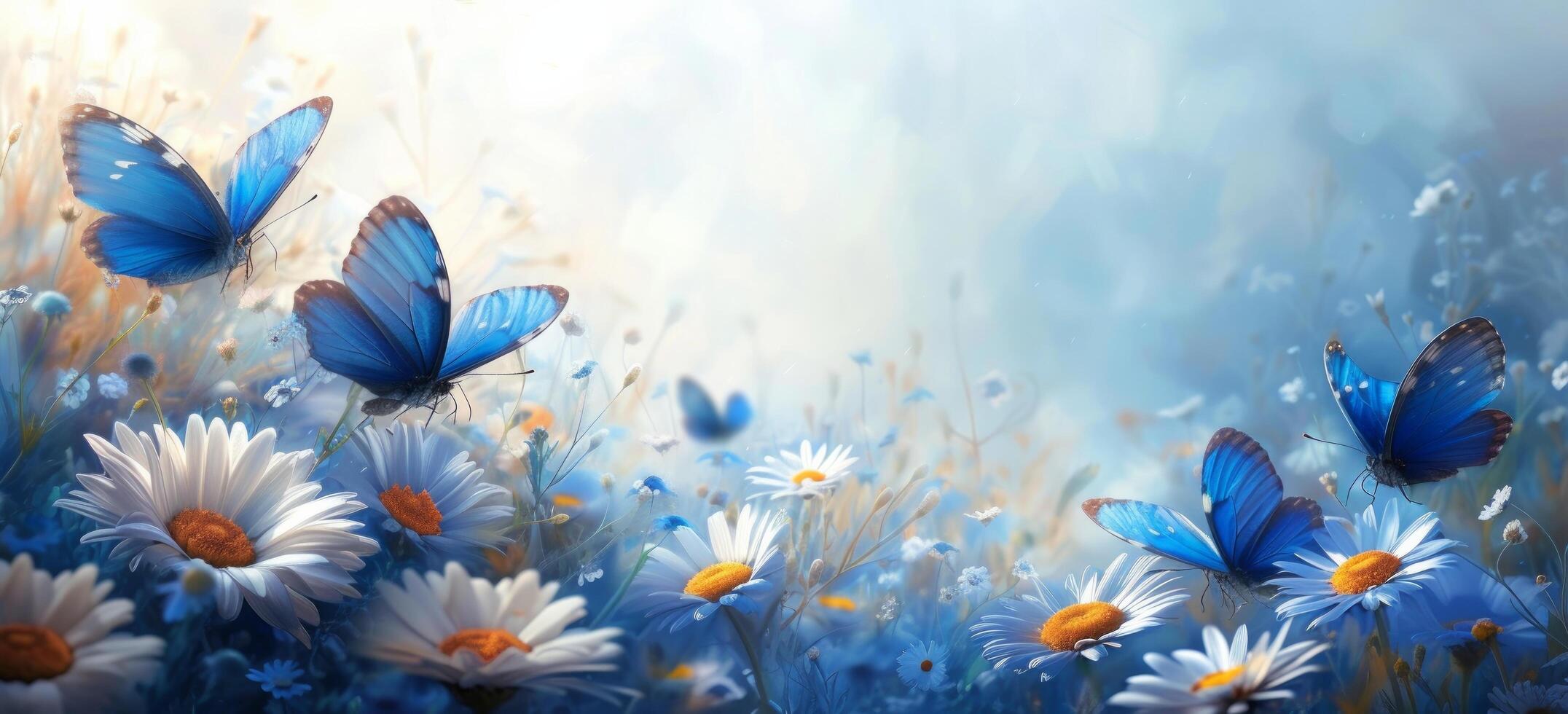 ai generato un' fiore campo con blu farfalle e margherite su soleggiato giorno, foto
