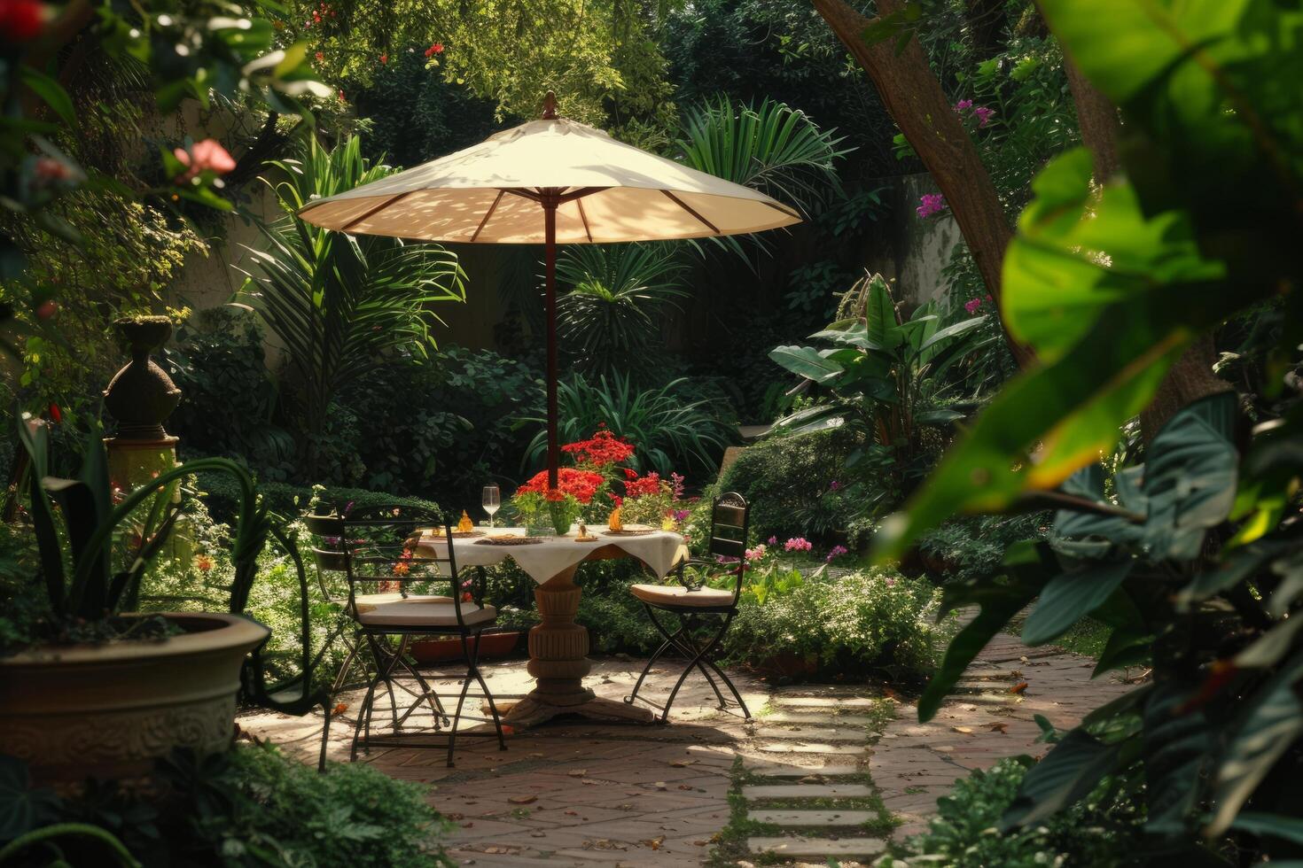 ai generato romantico scappatella nel un' lussureggiante giardino, ideale per a tema amoroso pubblicità foto