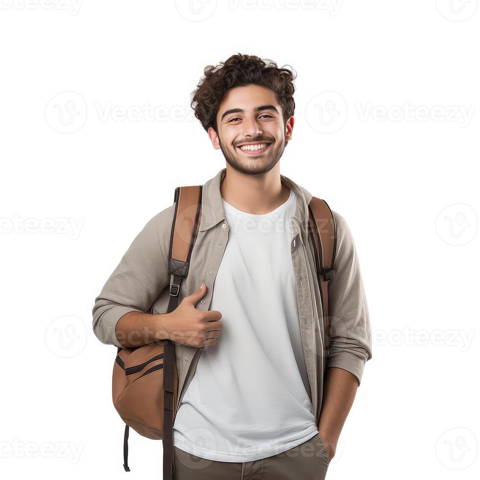 ai generato ritratto di un' sorridente giovane uomo con zaino, isolato su bianca sfondo foto