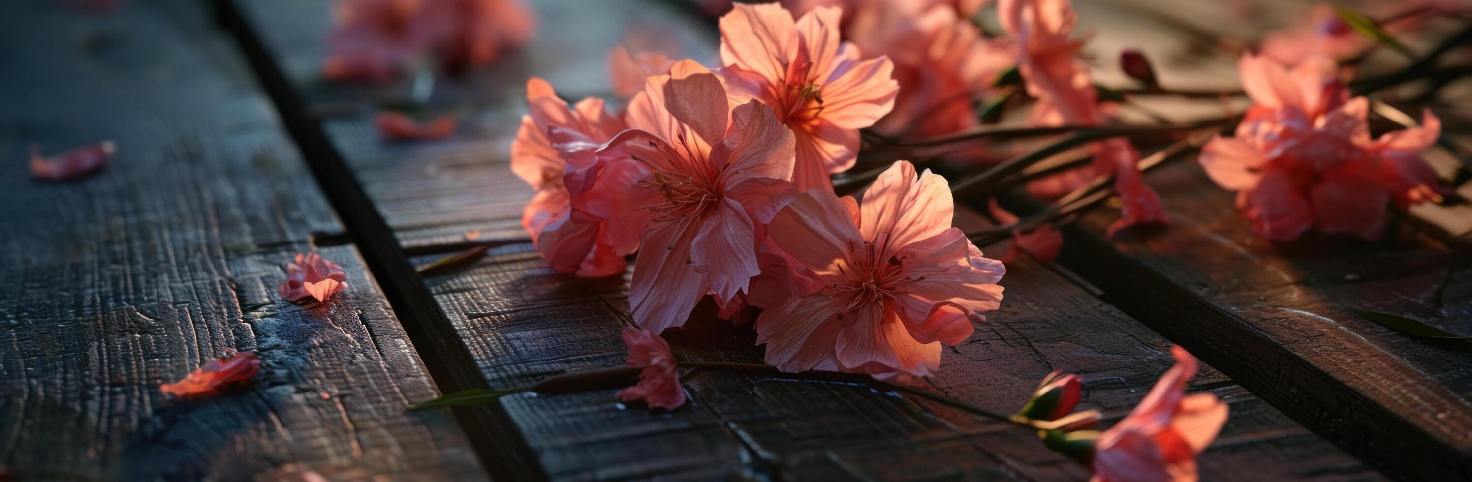 ai generato fiori sfondo nel rosa su di legno tavolo su un' buio sfondo foto