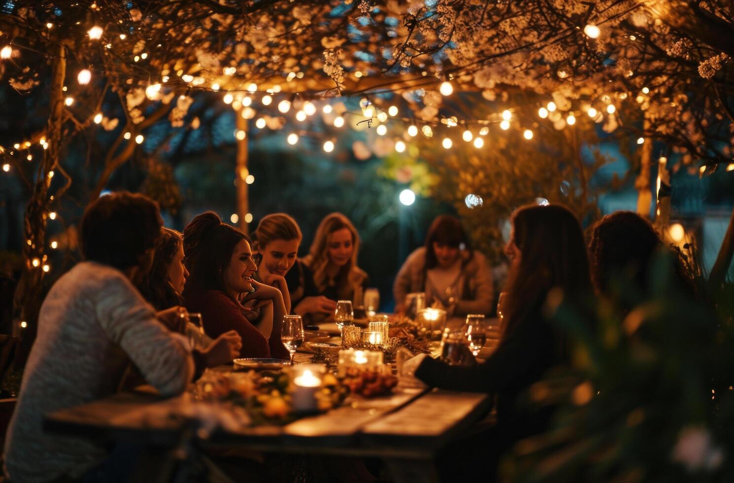 ai generato persone siamo a un' cena sotto corda luci foto