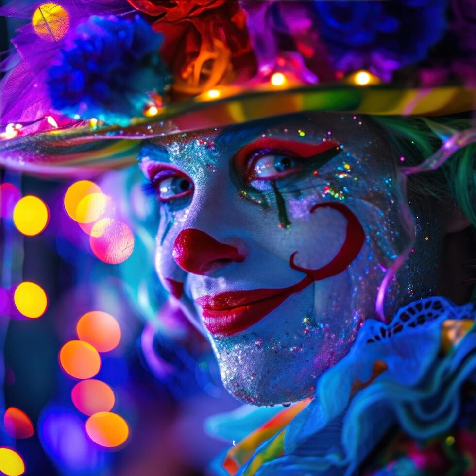 ai generato clown viso con luci e colorato cappello foto