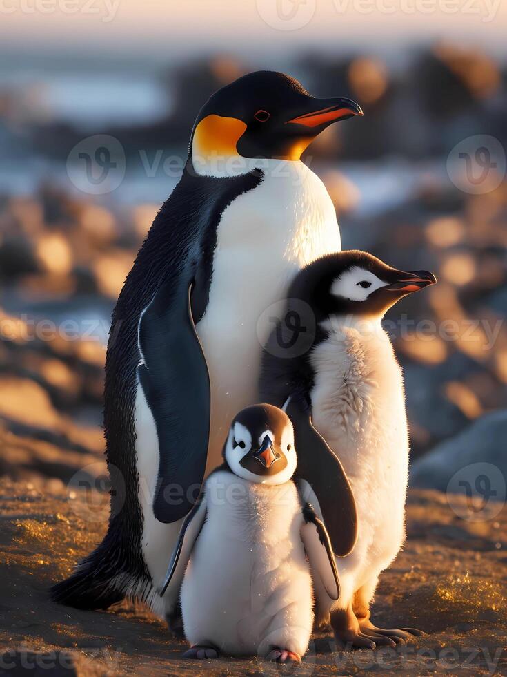 ai generato carino pinguino famiglia con natura sfondo foto