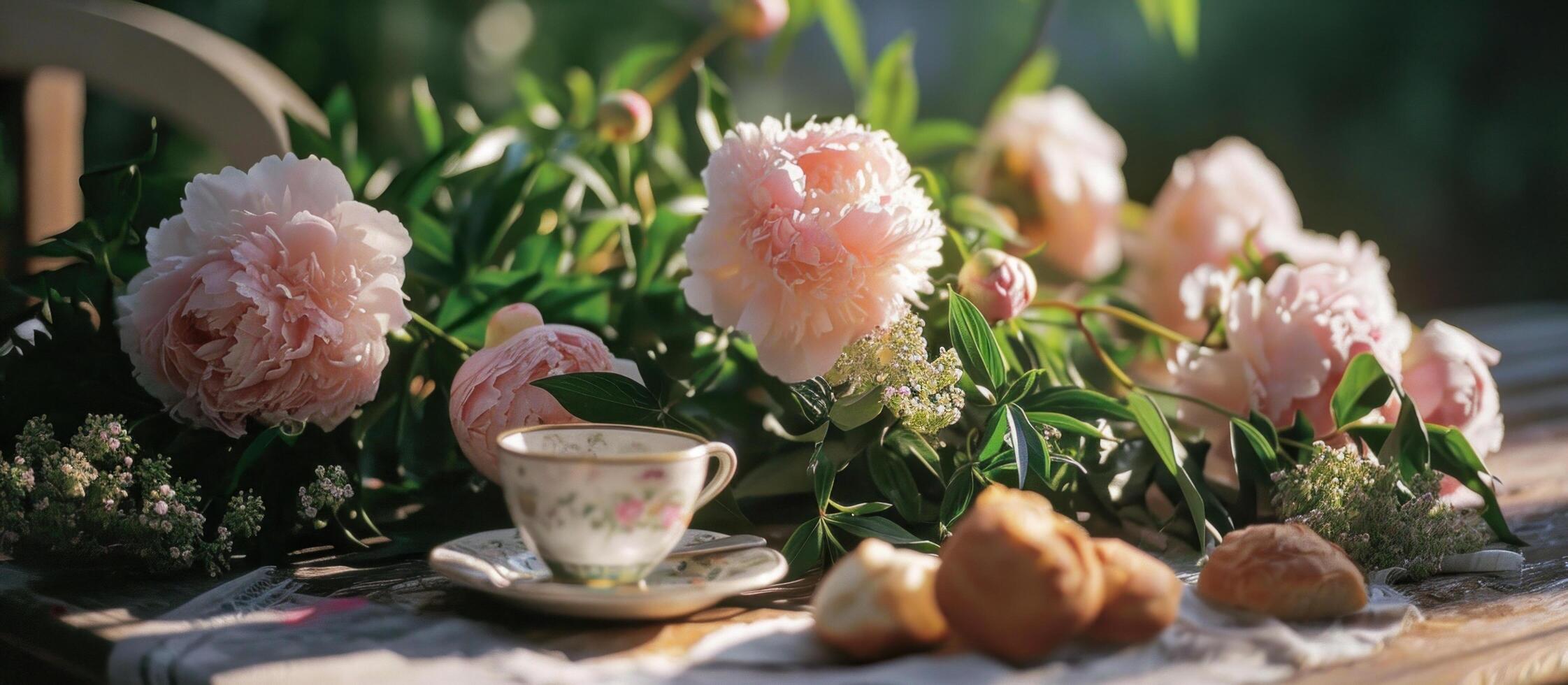 ai generato rosa peonie e verde viti su un' tavolo con un' caffè tazza e pane foto