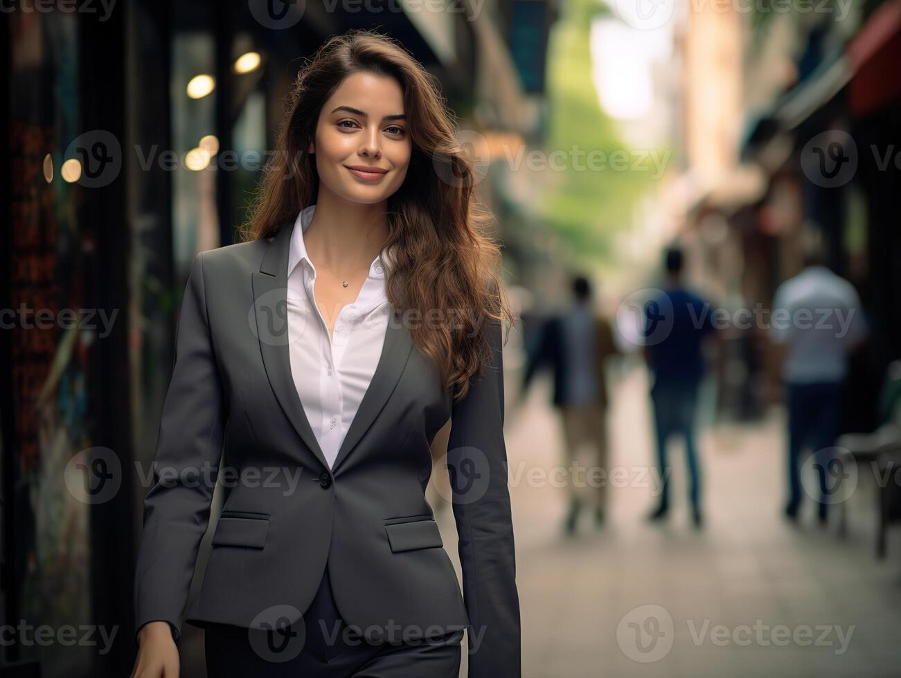 ai generato fresco e energico 22 anno vecchio attività commerciale donna nel un' vestito, camminare strada foto