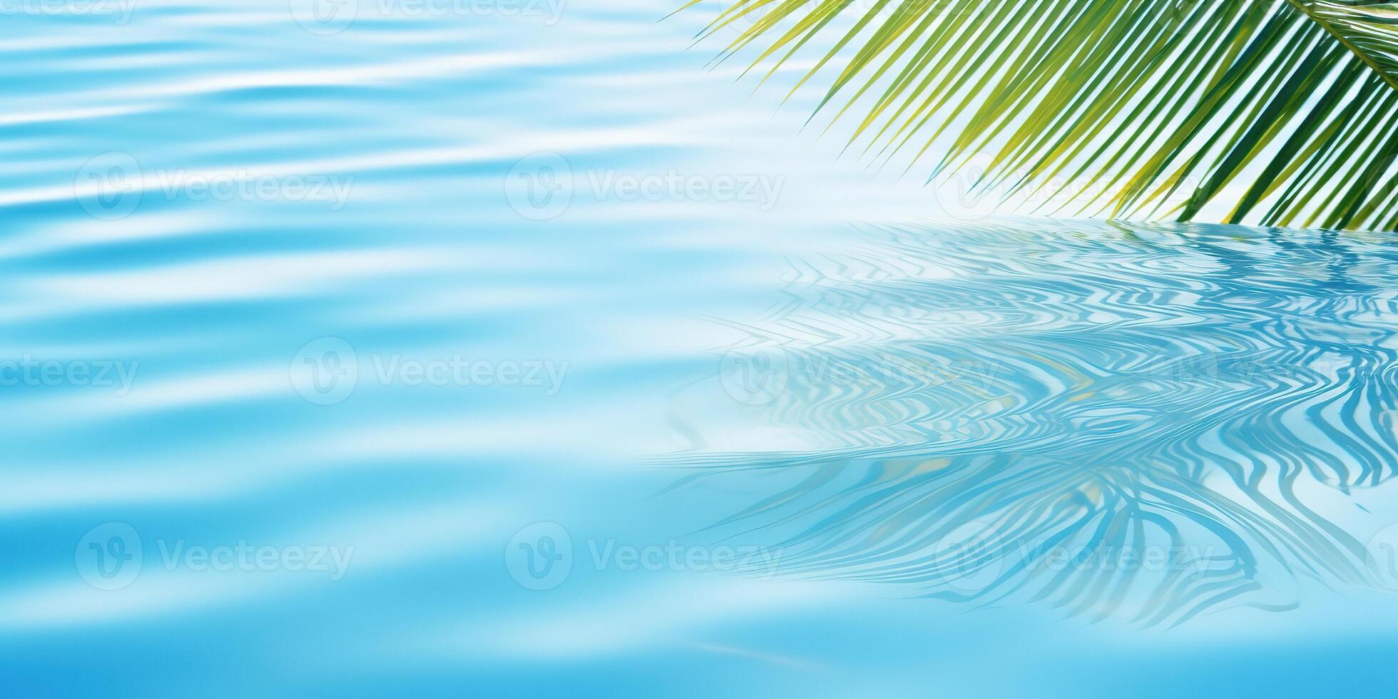 ai generato palma foglia isolato su soleggiato blu increspato acqua superficie, estate spiaggia vacanze sfondo concetto con copia spazio foto