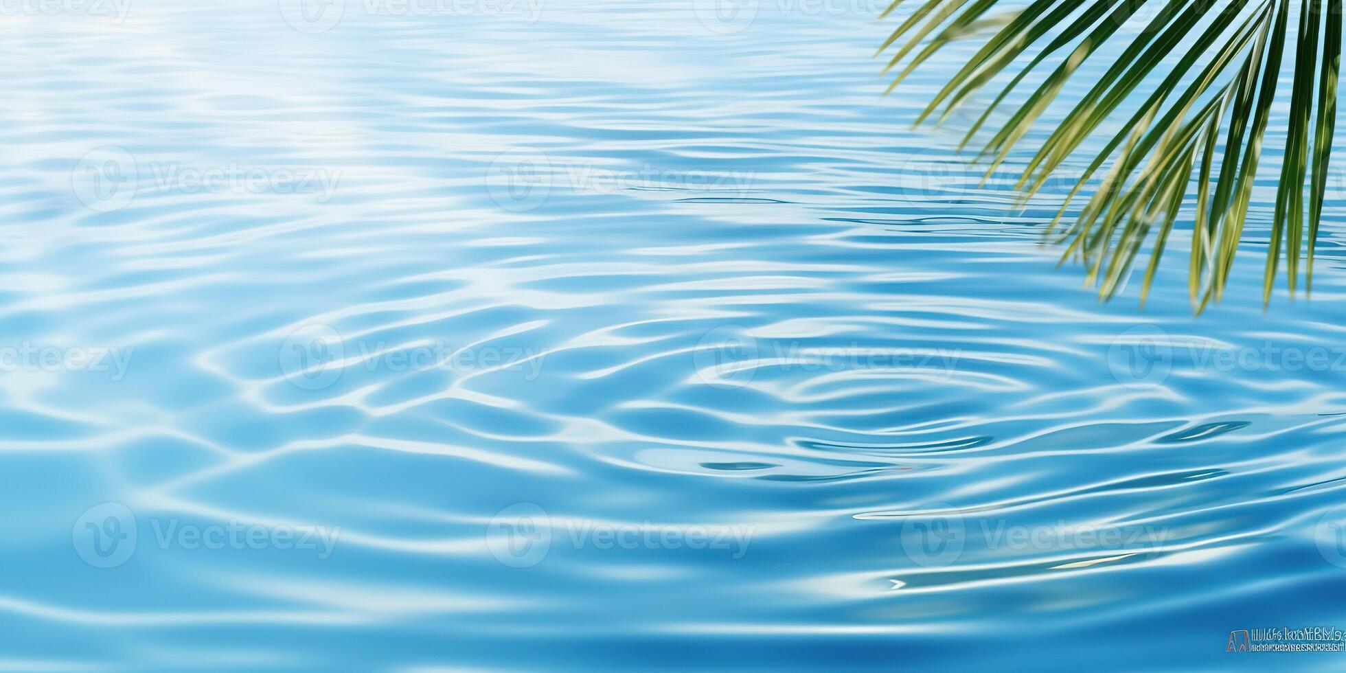 ai generato palma foglia isolato su soleggiato blu increspato acqua superficie, estate spiaggia vacanze sfondo concetto con copia spazio foto