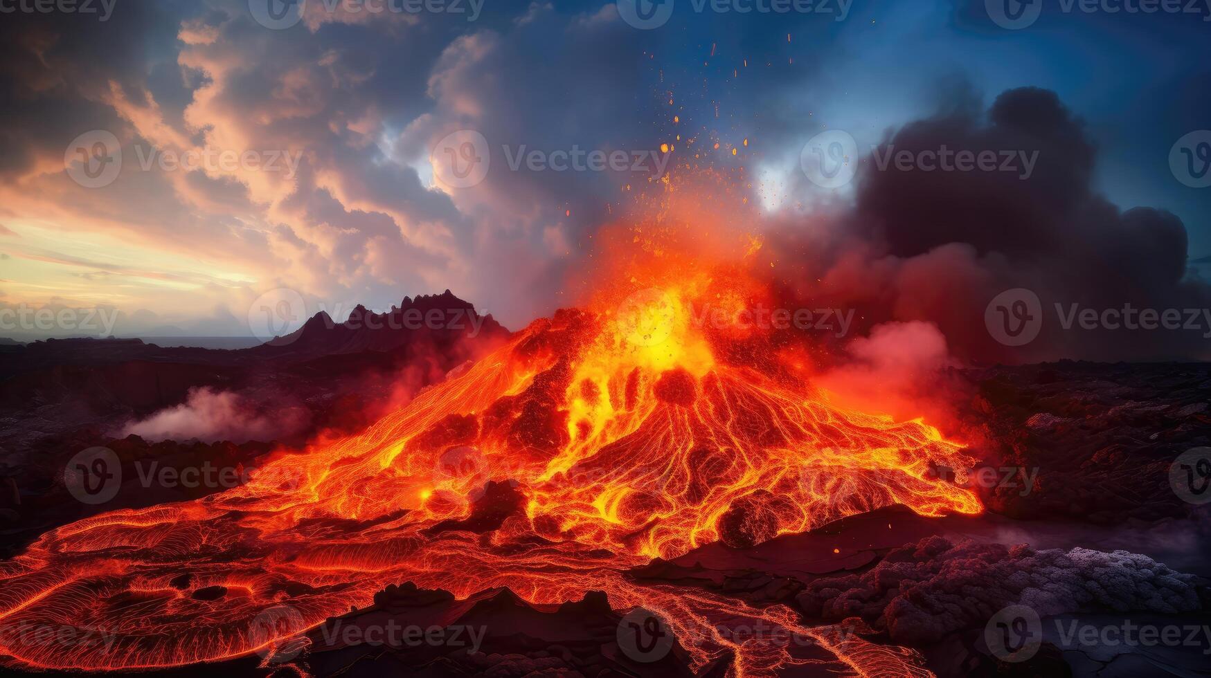 ai generato ardente vulcano, spumeggiante lava, fumo cratere. foto