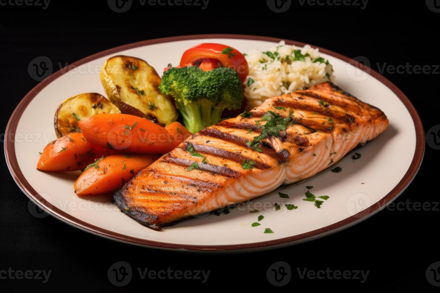 ai generato grigliato salmone con arrostito verdure e riso foto