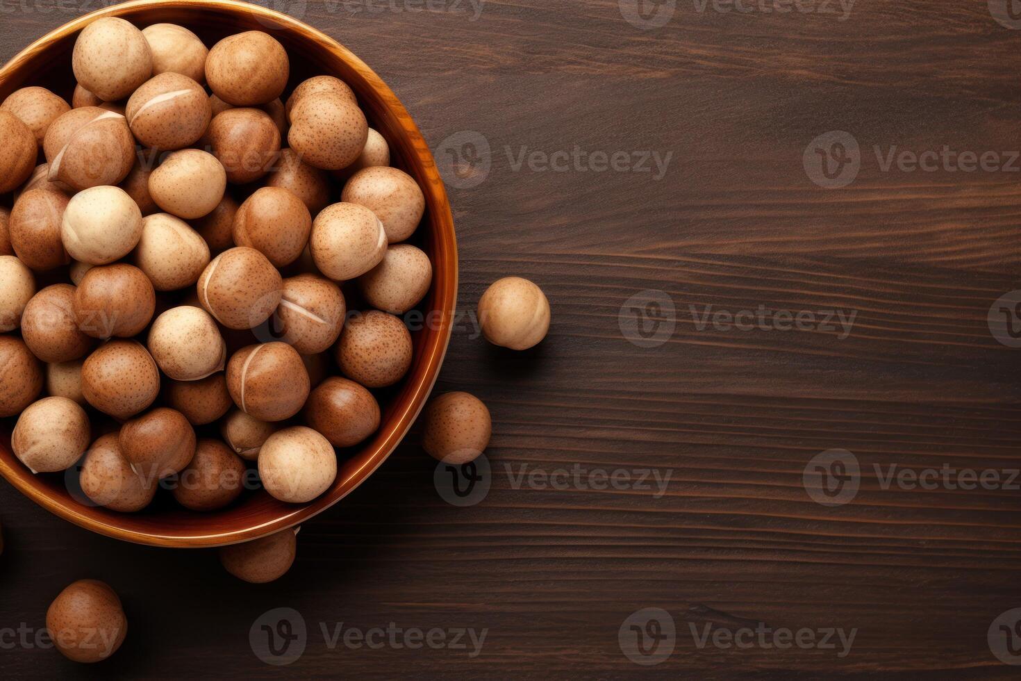 ai generato gustoso macadamia noccioline su Marrone tavolo, piatto posare foto