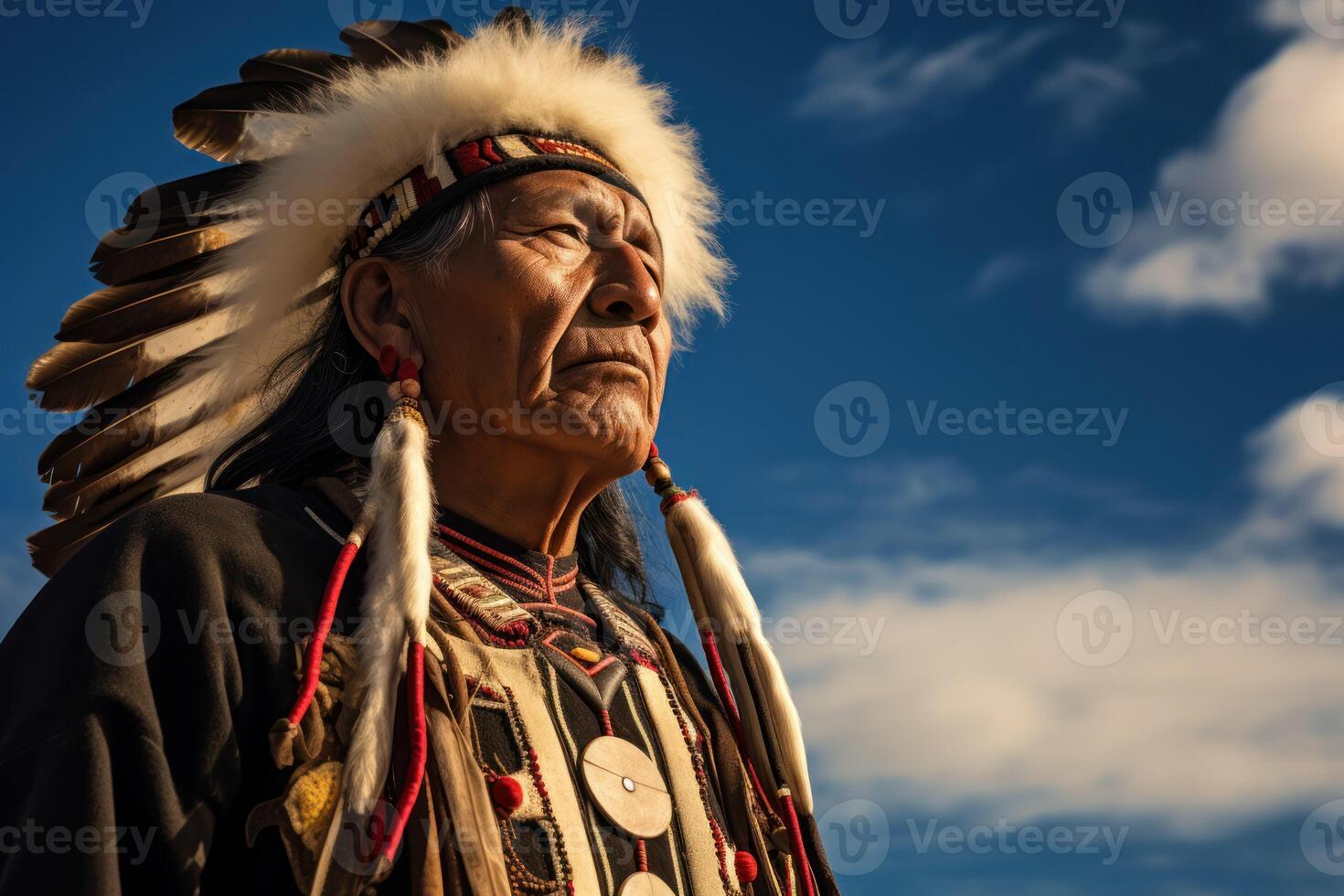 ai generato un' uomo nel un' nativo americano costume sta nel davanti di un' cielo foto