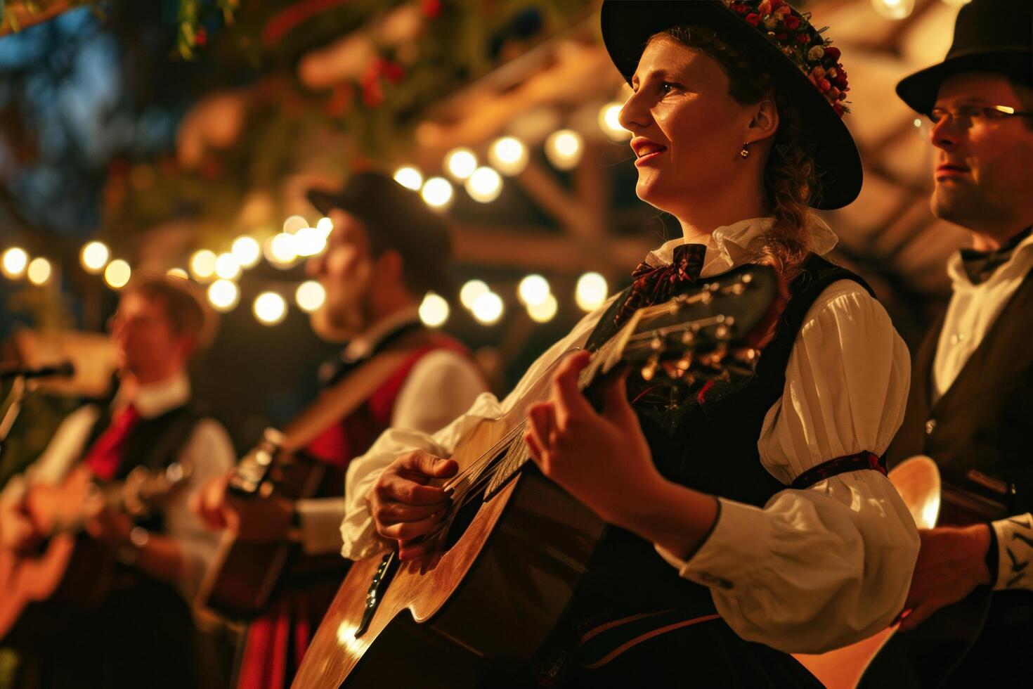 ai generato il danza prestazione di tradizionale bavarese cantanti di caroling foto