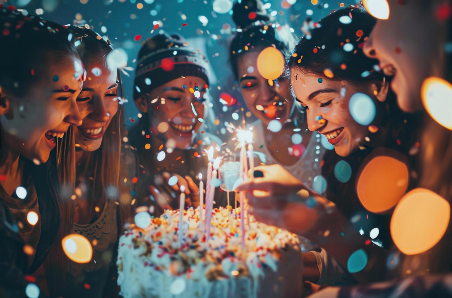 ai generato un' gruppo di persone festeggiare un' compleanno foto