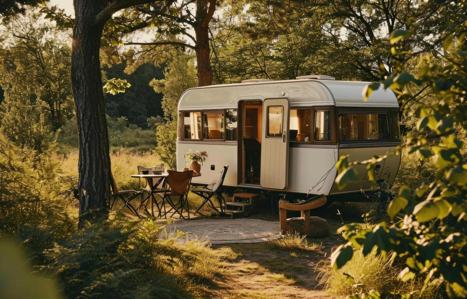 ai generato un appartamento trailer collocato al di fuori nel un' parco, nel il stile di naturalistico fascino foto