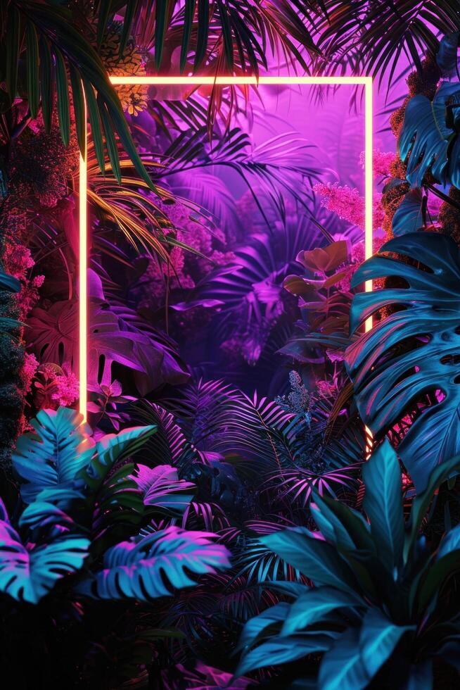 ai generato luminosa neon telaio con tropicale impianti, le foglie e fiori foto
