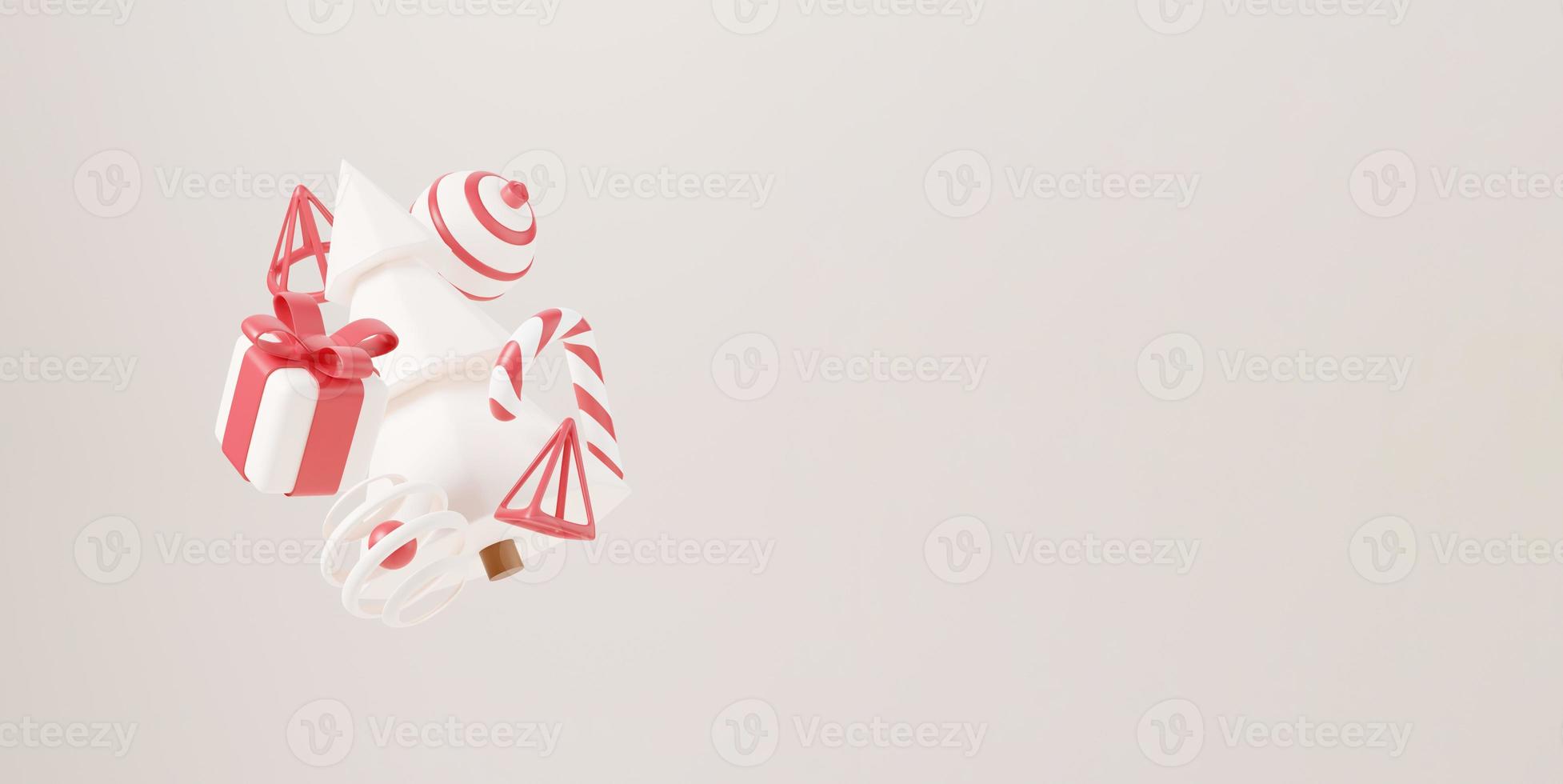 albero di natale 3d con scatola regalo rossa e sfondo bianco palla, poster di natale, banner web. 3d rendono l'illustrazione in stile minimale concetto di natale e capodanno foto