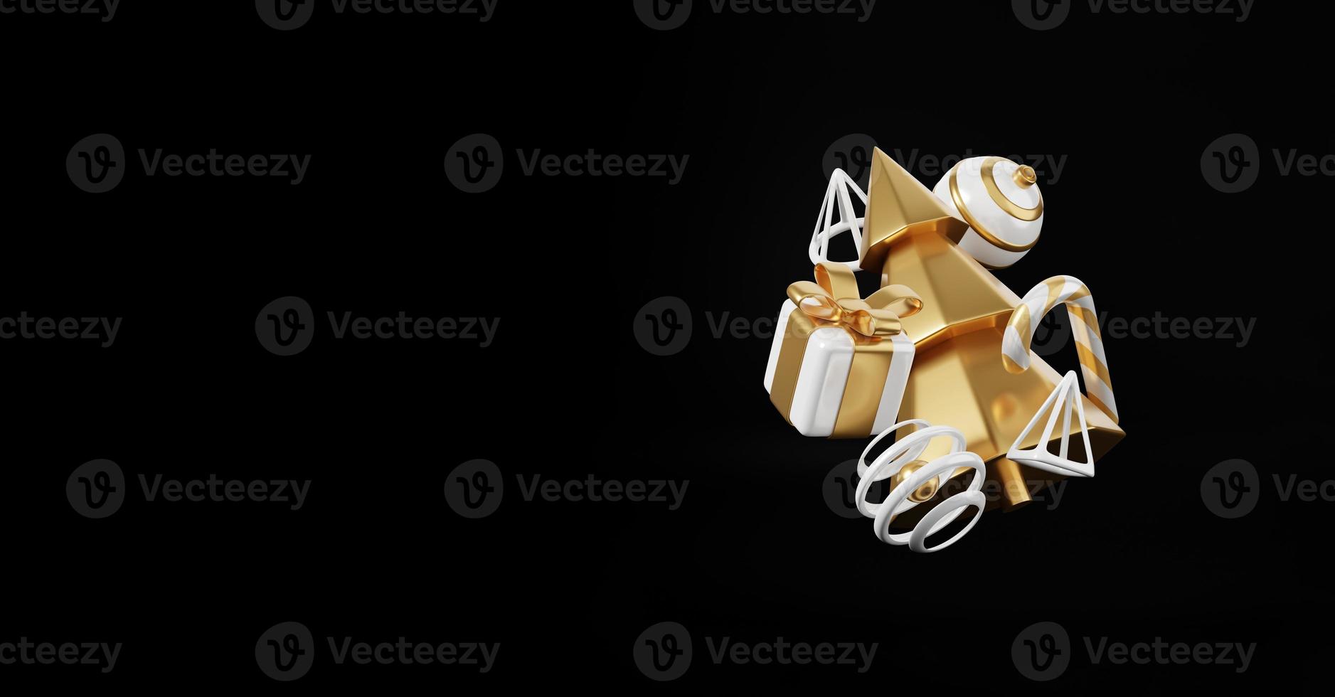 banner di rendering 3d di Natale di lusso o biglietto di auguri. moderno minimal nuovo anno e natale oro e decorazioni nere con albero, caramelle, palla, confezione regalo su sfondo nero foto