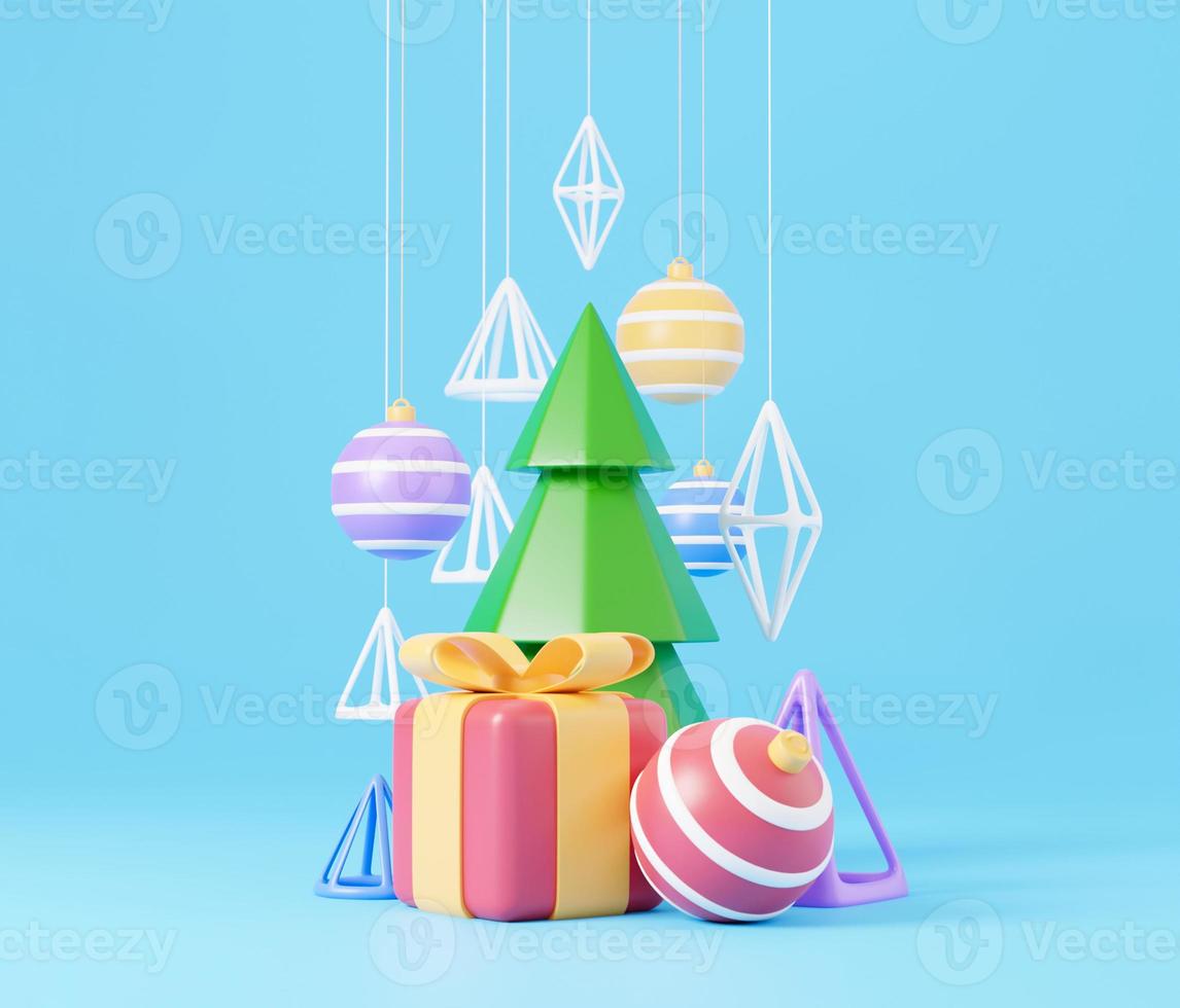 design 3d di capodanno e natale. scatola regalo realistica, abete natalizio, palla, caramelle ed elementi decorativi banner per le vacanze. Immagine di rendering 3D delle vacanze di Natale foto