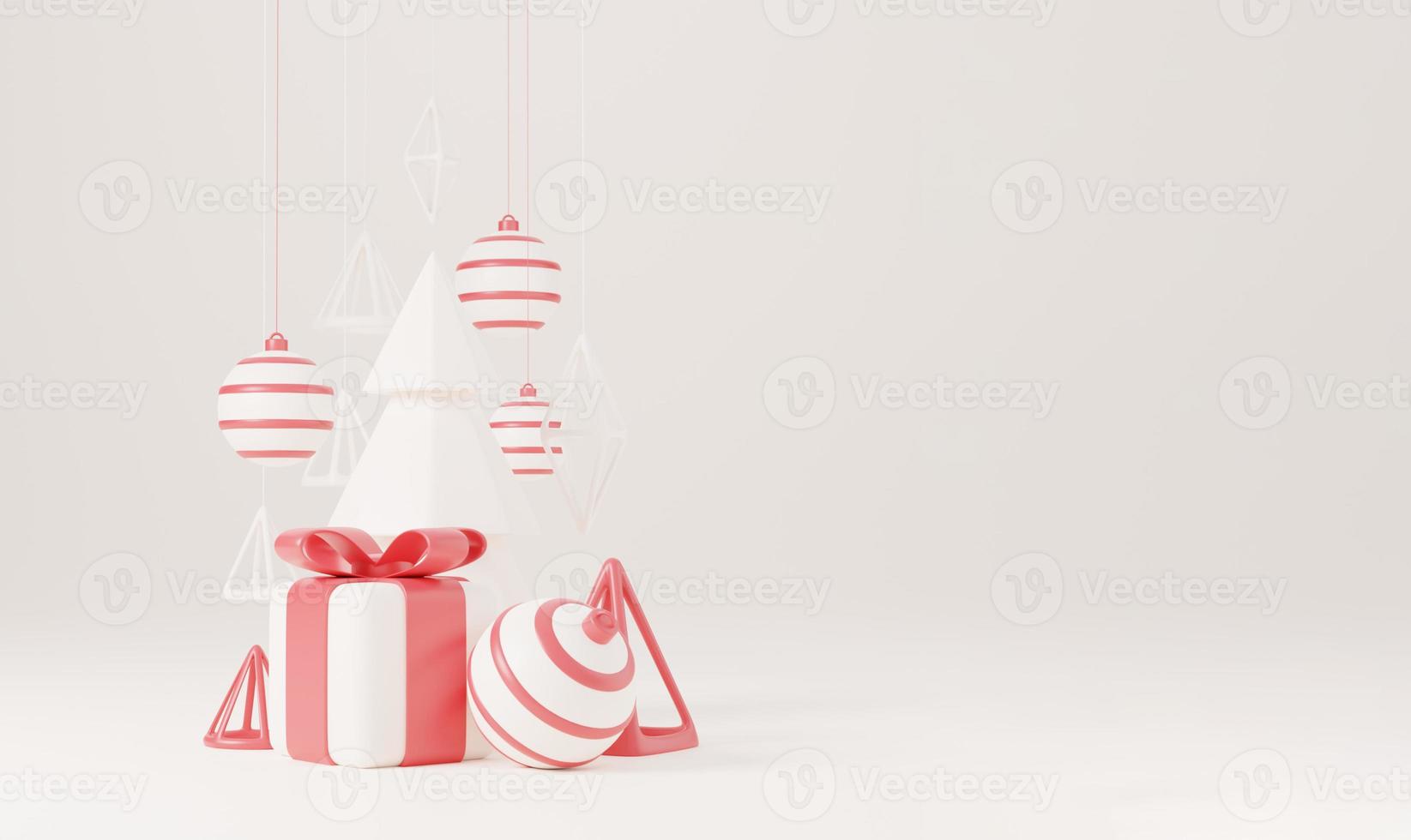albero di natale 3d con scatola regalo rossa e sfondo bianco palla, poster di natale, banner web. 3d rendono l'illustrazione in stile minimale concetto di natale e capodanno foto